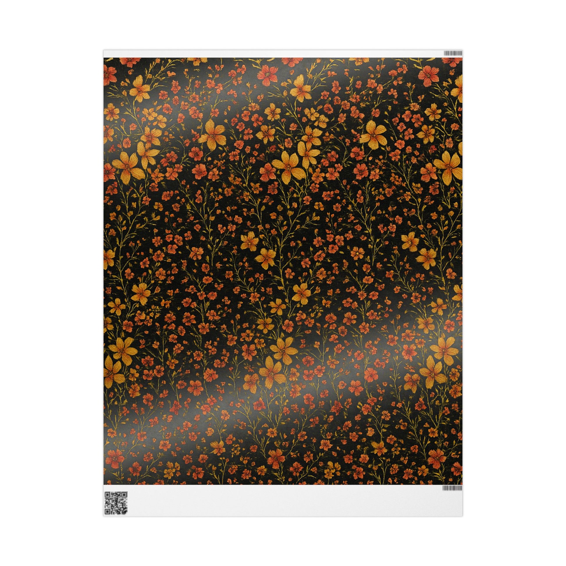 Moody Black Floral Wrapping Paper with Gold and Red Flowers