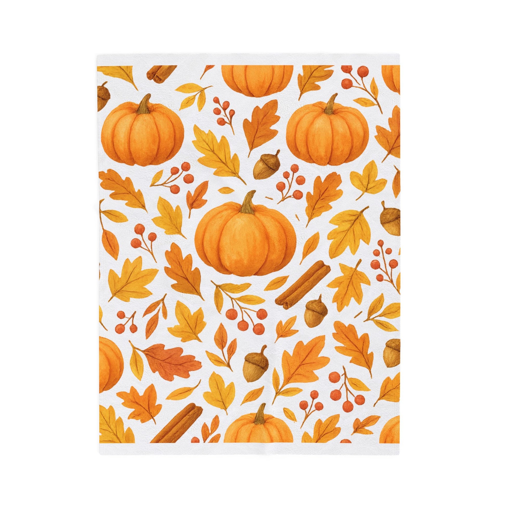Cozy Velveteen Plush Blanket – Pumpkin & Autumn Leaves Fall Throw