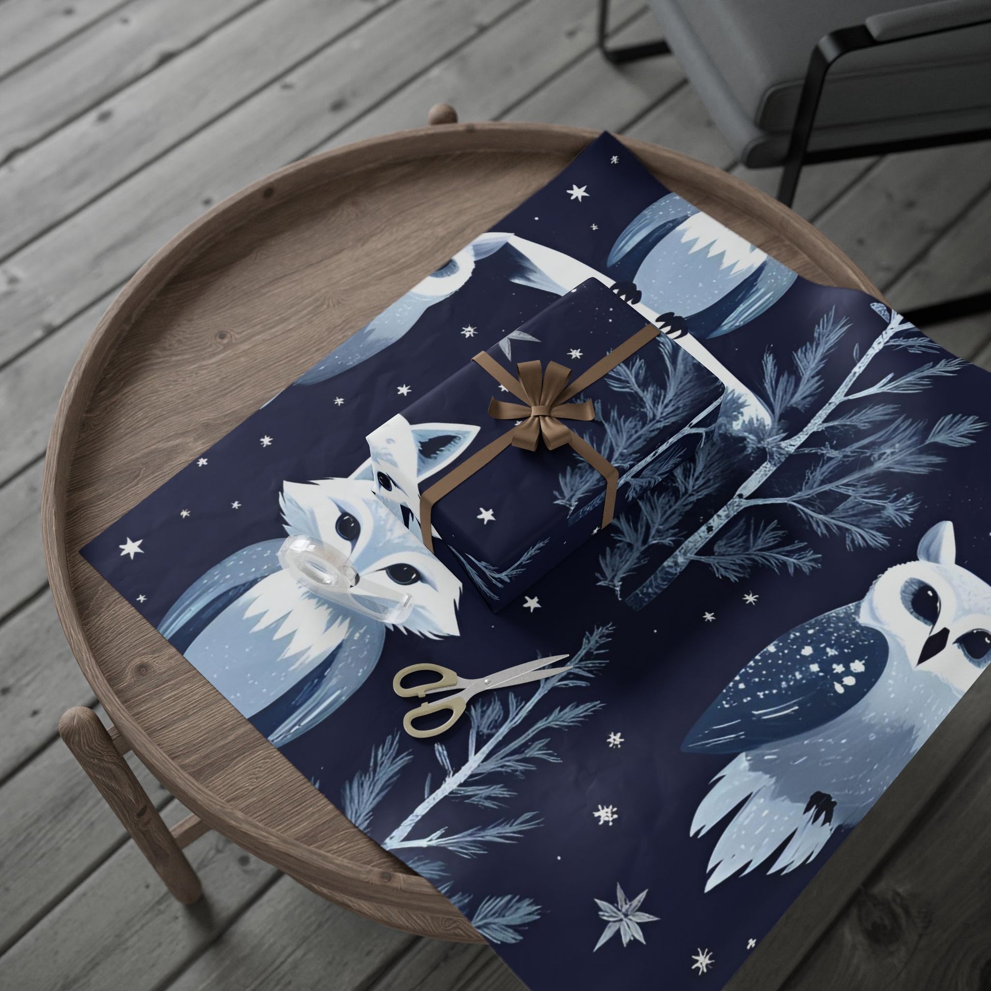 Winter Fox and Owl Wrapping Paper - Fox and Owl Night Forest Wrapping Paper – Cute Woodland Winter Animal Gift Wrap