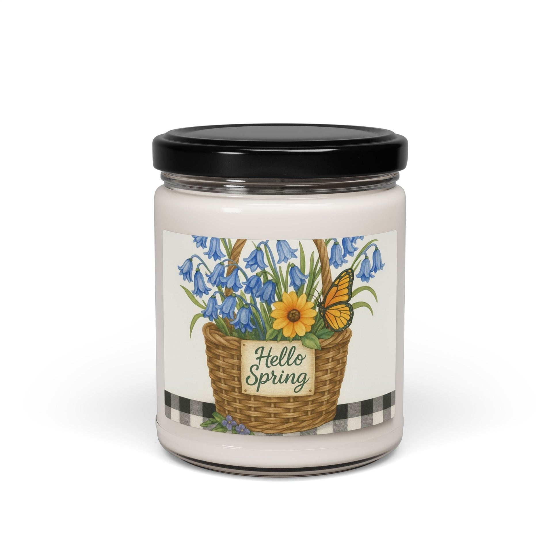 Hello Spring Floral Basket Soy Candle with Butterfly Art