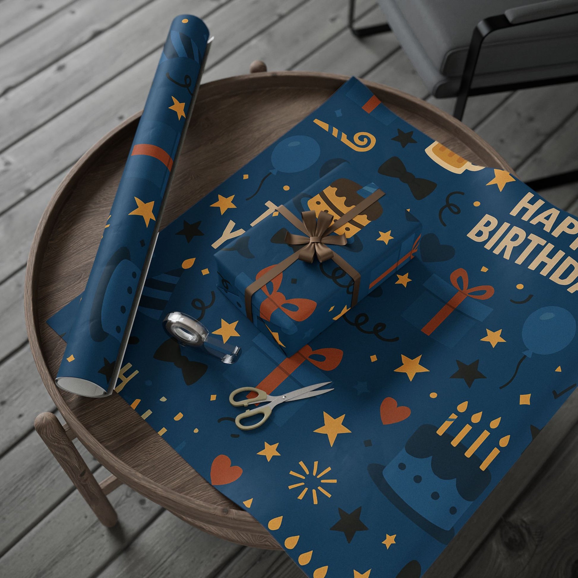 Happy Birthday Wrapping Paper – Navy Blue with Cakes, Gifts & Party Icons
