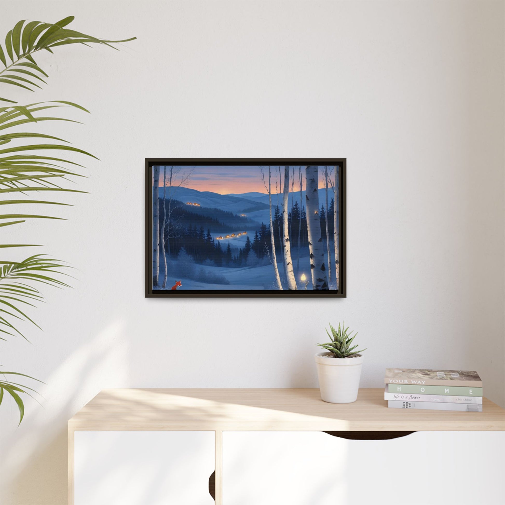 Snowy Forest Scene with Fox and Cabin Lights - Framed Winter Landscape Artwork