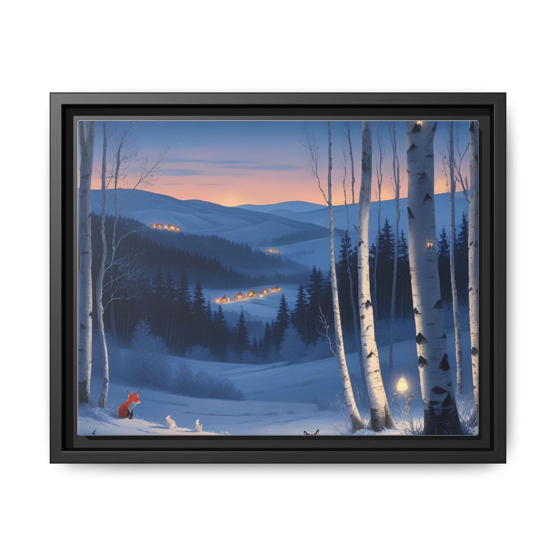 Snowy Forest Scene with Fox and Cabin Lights - Framed Winter Landscape Artwork