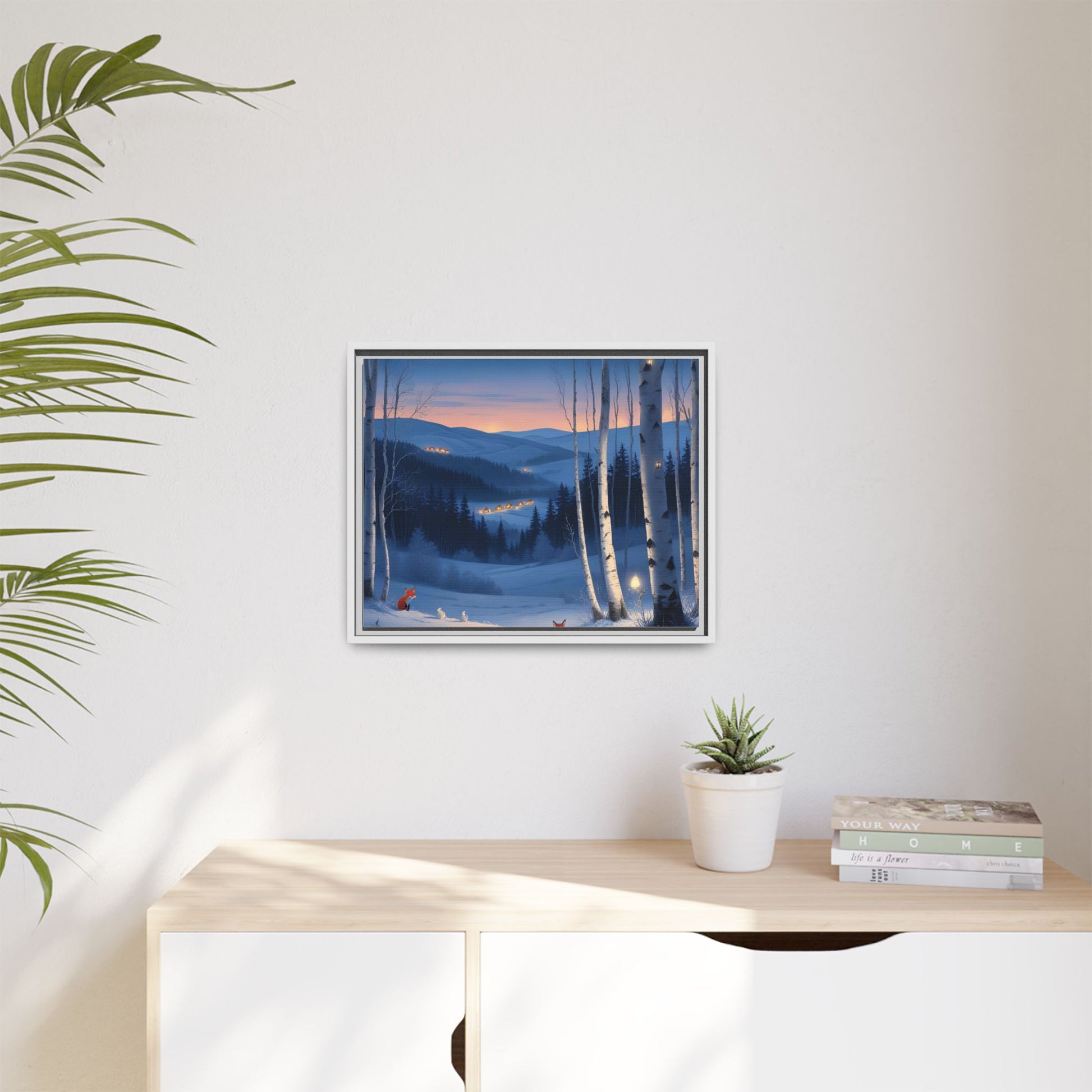 Snowy Forest Scene with Fox and Cabin Lights - Framed Winter Landscape Artwork