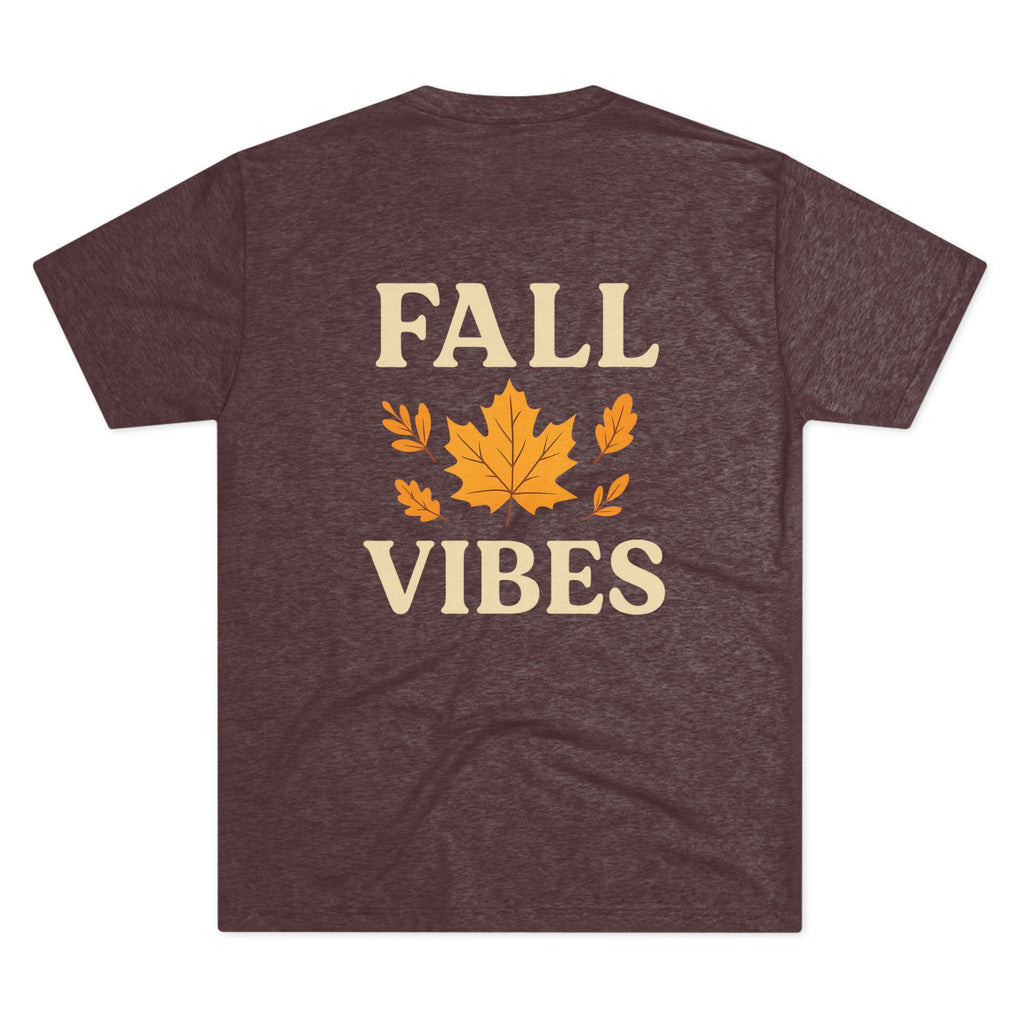 Brown t-shirt with 'Fall Vibes' text and leaf design on a white background