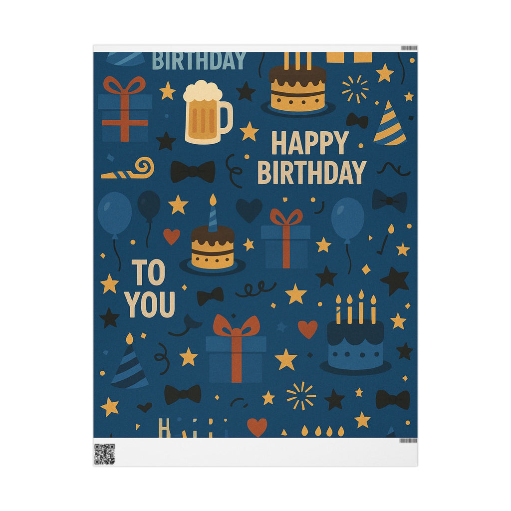 Happy Birthday Wrapping Paper – Navy Blue with Cakes, Gifts & Party Icons