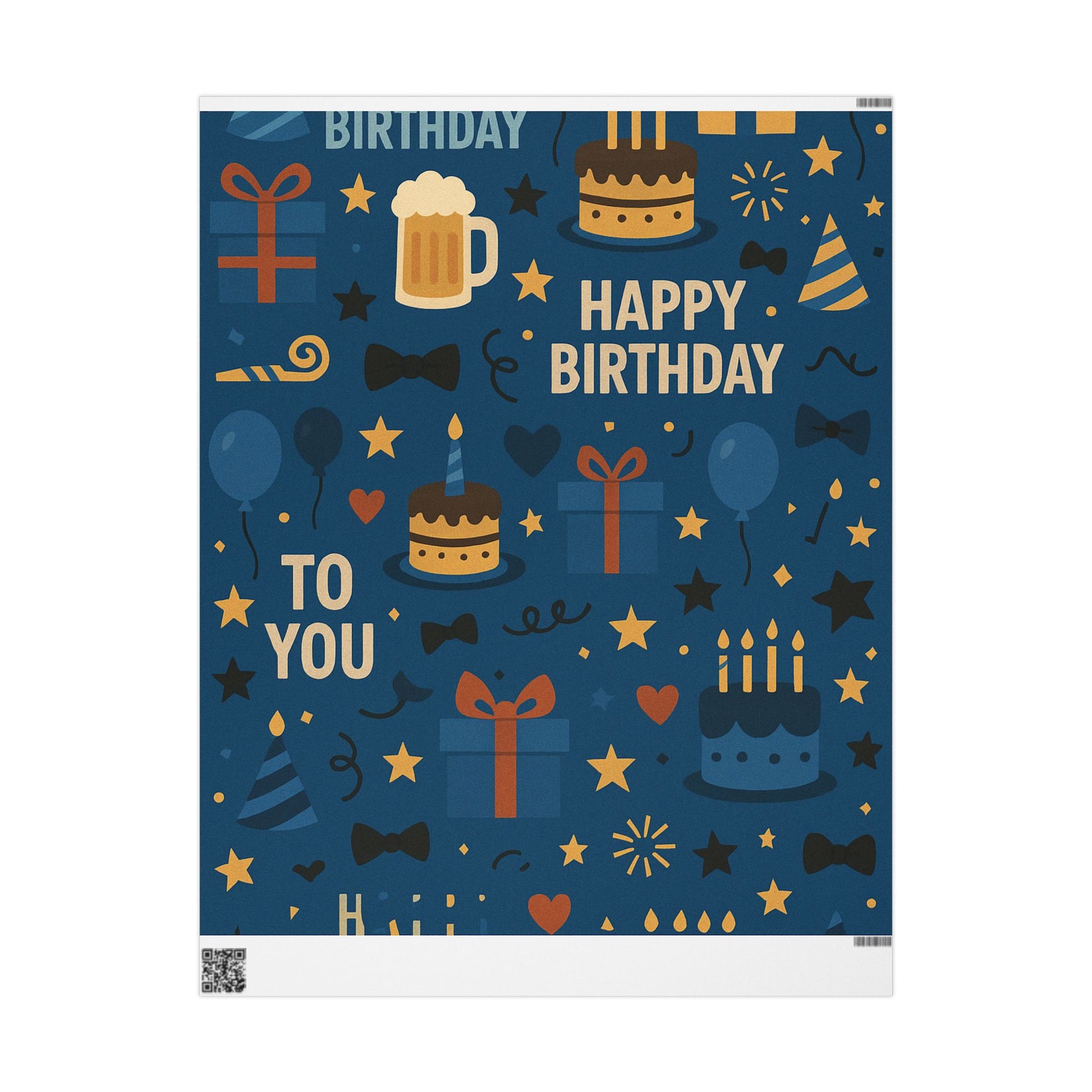 Happy Birthday Wrapping Paper – Navy Blue with Cakes, Gifts & Party Icons