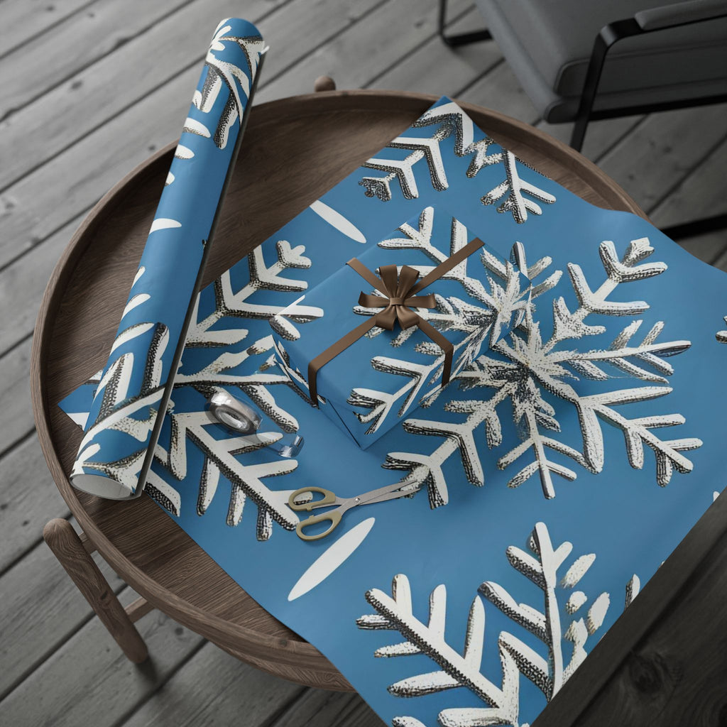 Silver Snowflake Wrapping Paper – Elegant Holiday Gift Wrap on Winter Blue Background