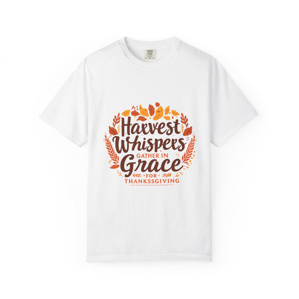 White t-shirt with 'Harvest Whispers Gather in Grace for Thanksgiving' text and leaf design on a white background