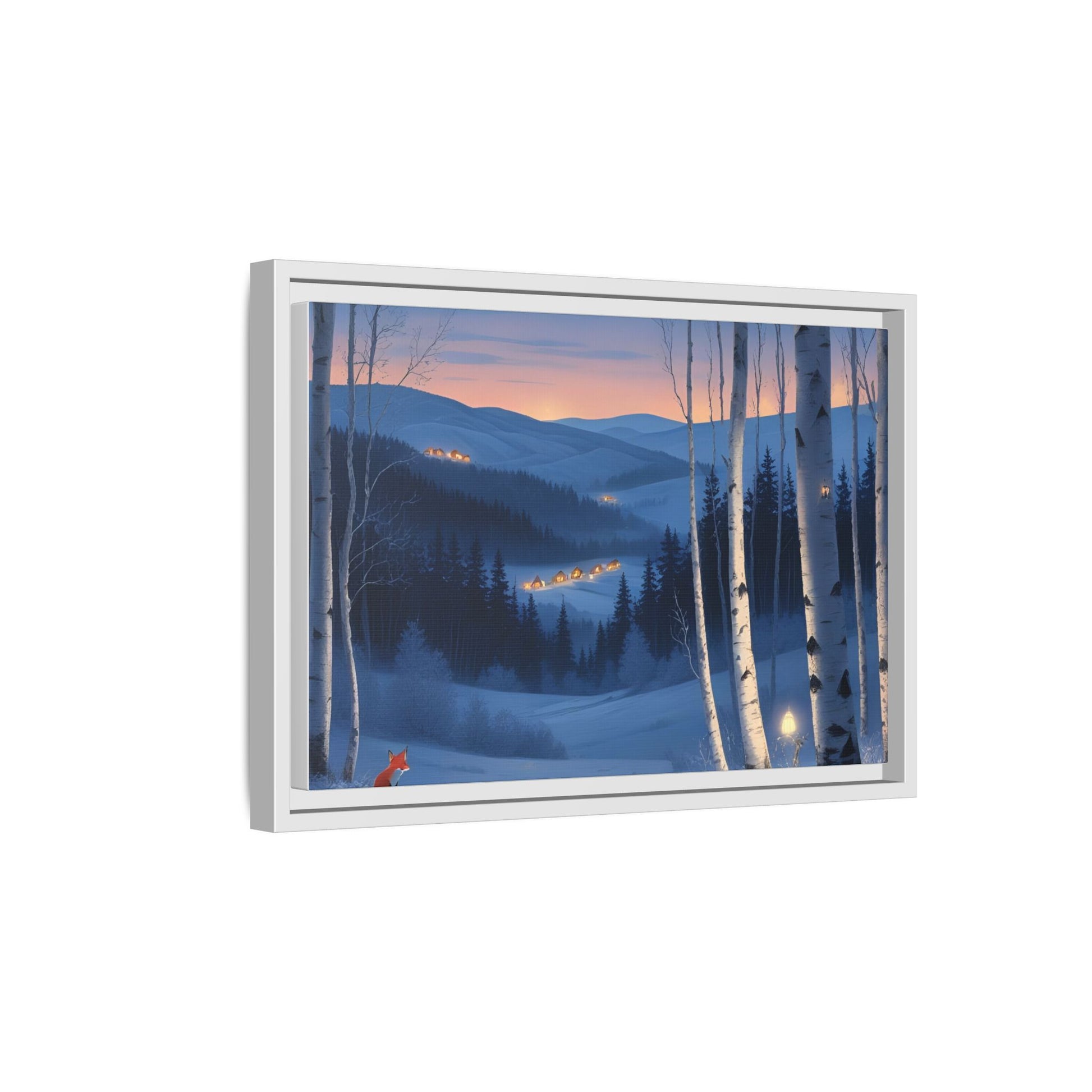 Snowy Forest Scene with Fox and Cabin Lights - Framed Winter Landscape Artwork