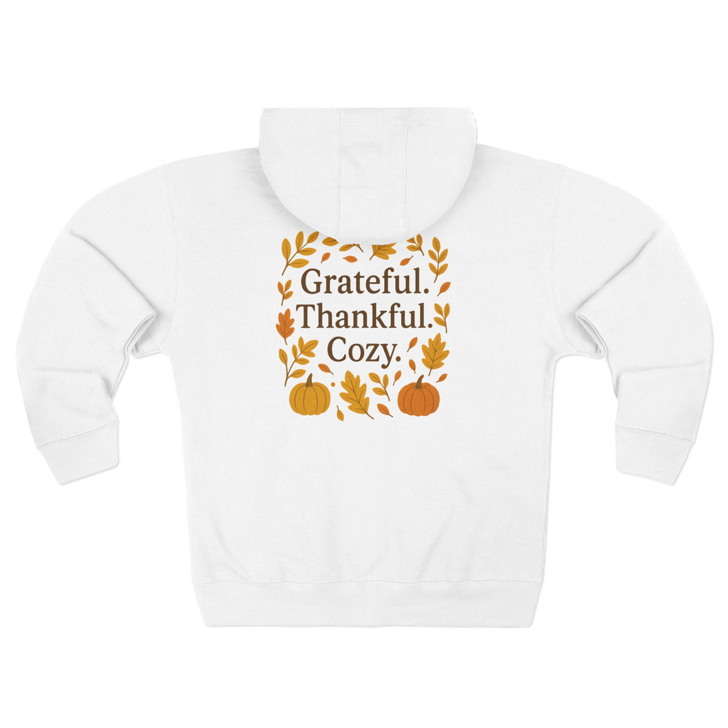 Grateful Thankful Cozy Hoodie – Autumn Fall Leaves & Pumpkin Back Print Sweatshirt