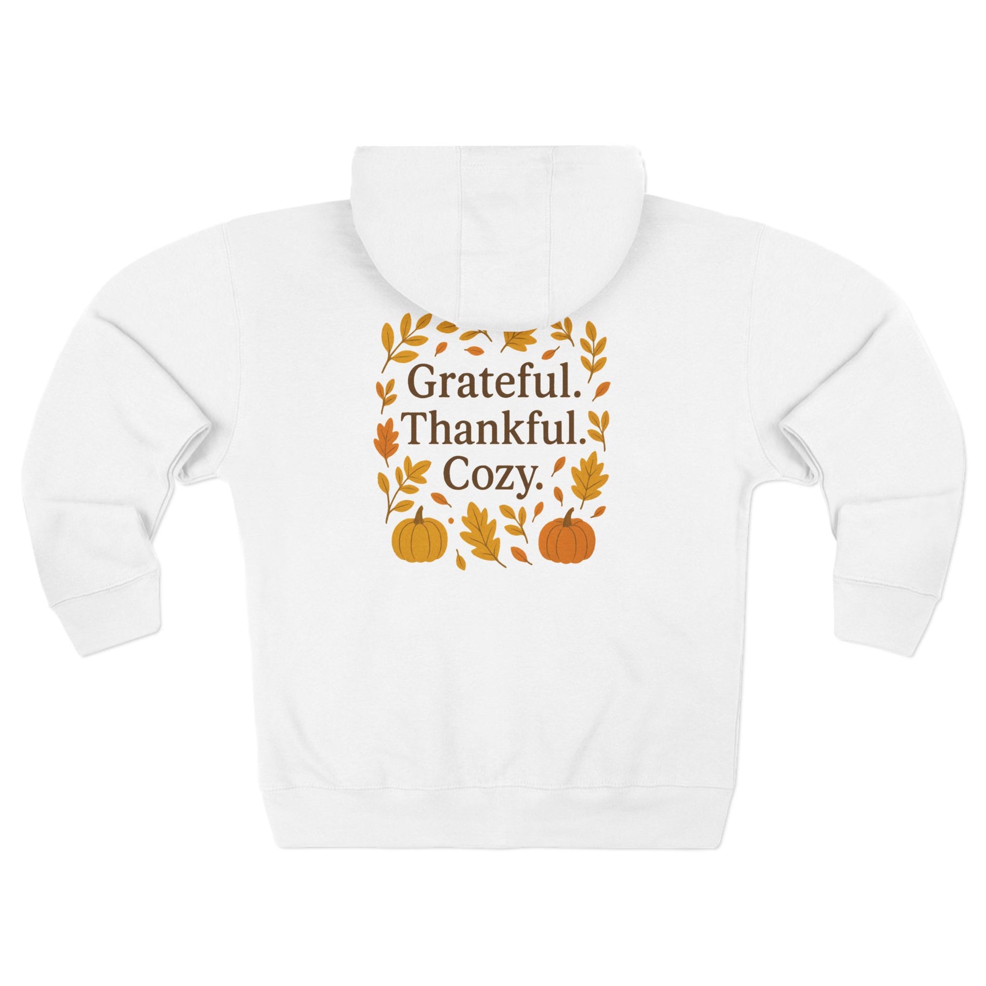 Grateful Thankful Cozy Hoodie – Autumn Fall Leaves & Pumpkin Back Print Sweatshirt