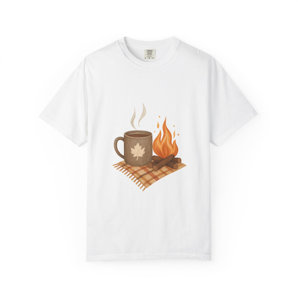 Cozy Autumn Campfire & Mug T-Shirt – Fall Coffee Tee for Outdoor Lovers, Adult Fall Apparel