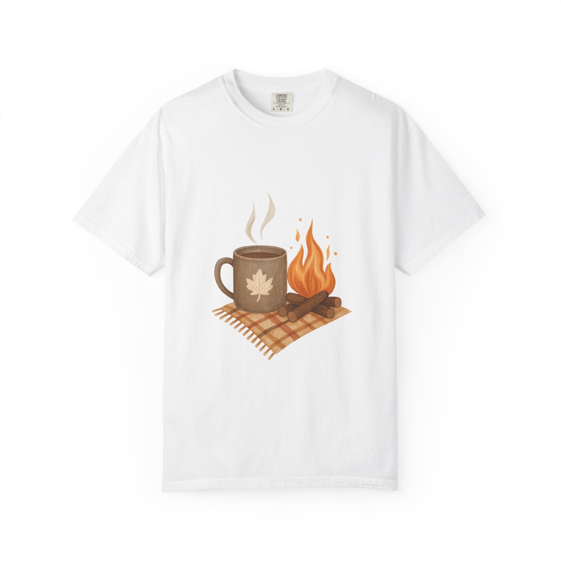 Cozy Autumn Campfire & Mug T-Shirt – Fall Coffee Tee for Outdoor Lovers, Adult Fall Apparel
