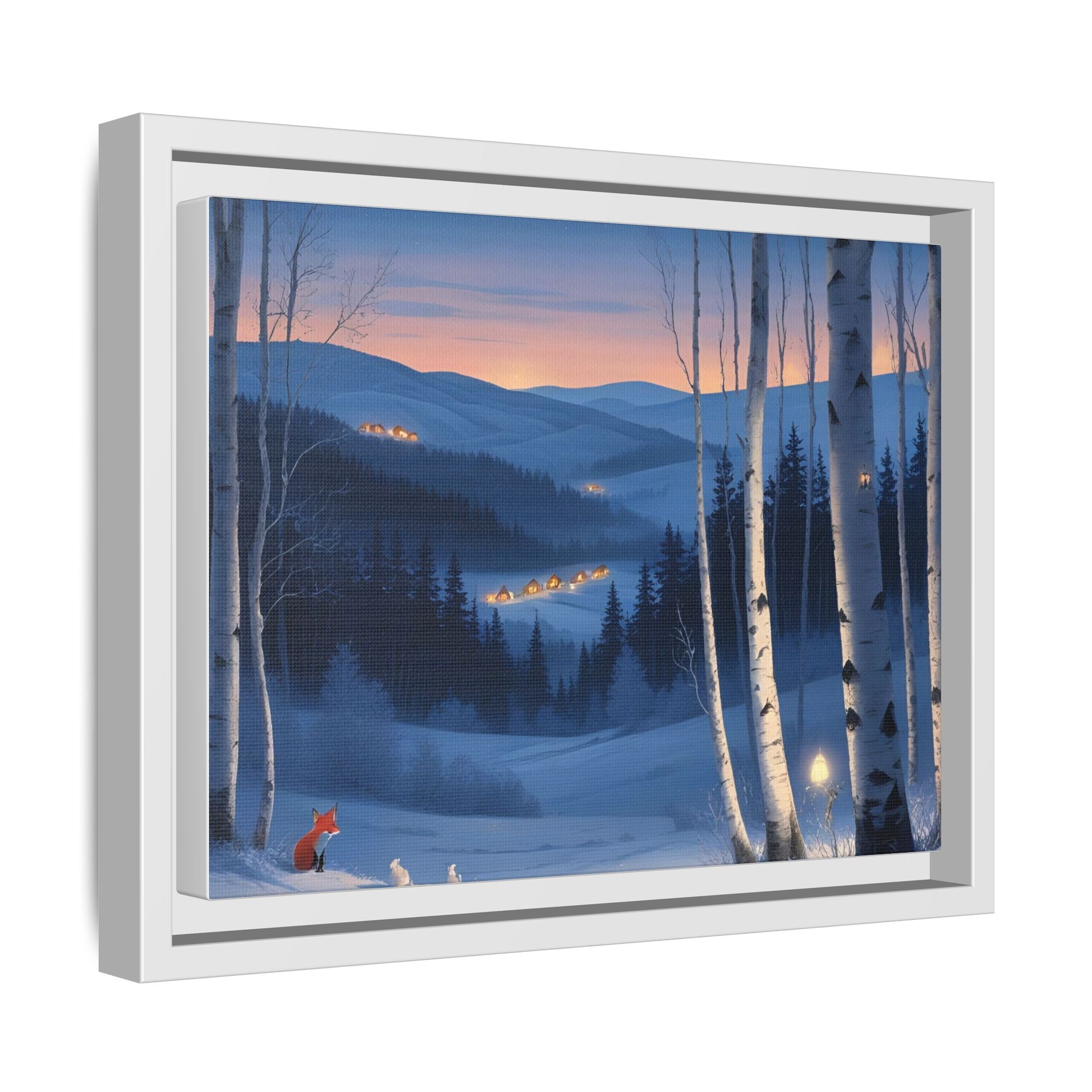 Snowy Forest Scene with Fox and Cabin Lights - Framed Winter Landscape Artwork