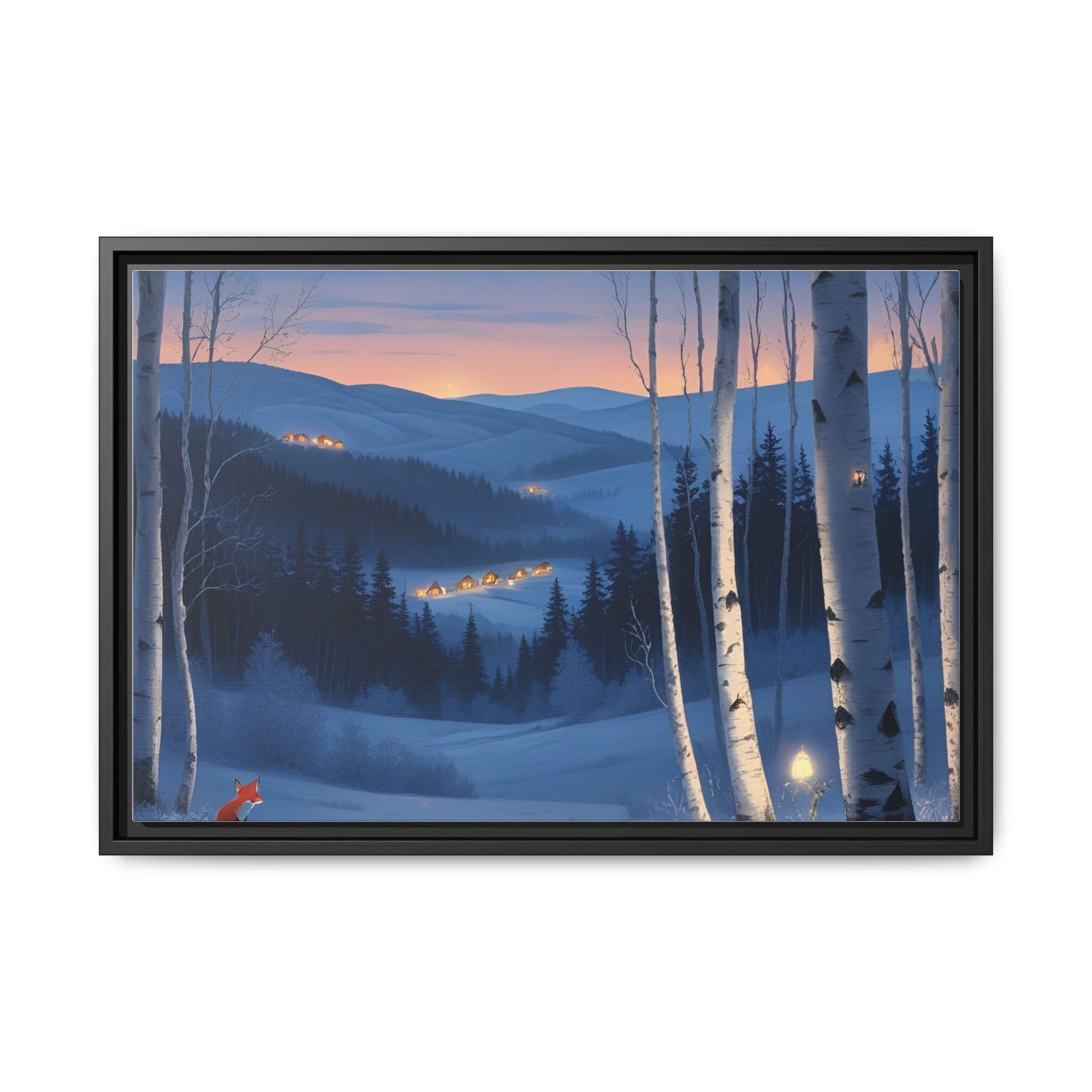 Snowy Forest Scene with Fox and Cabin Lights - Framed Winter Landscape Artwork