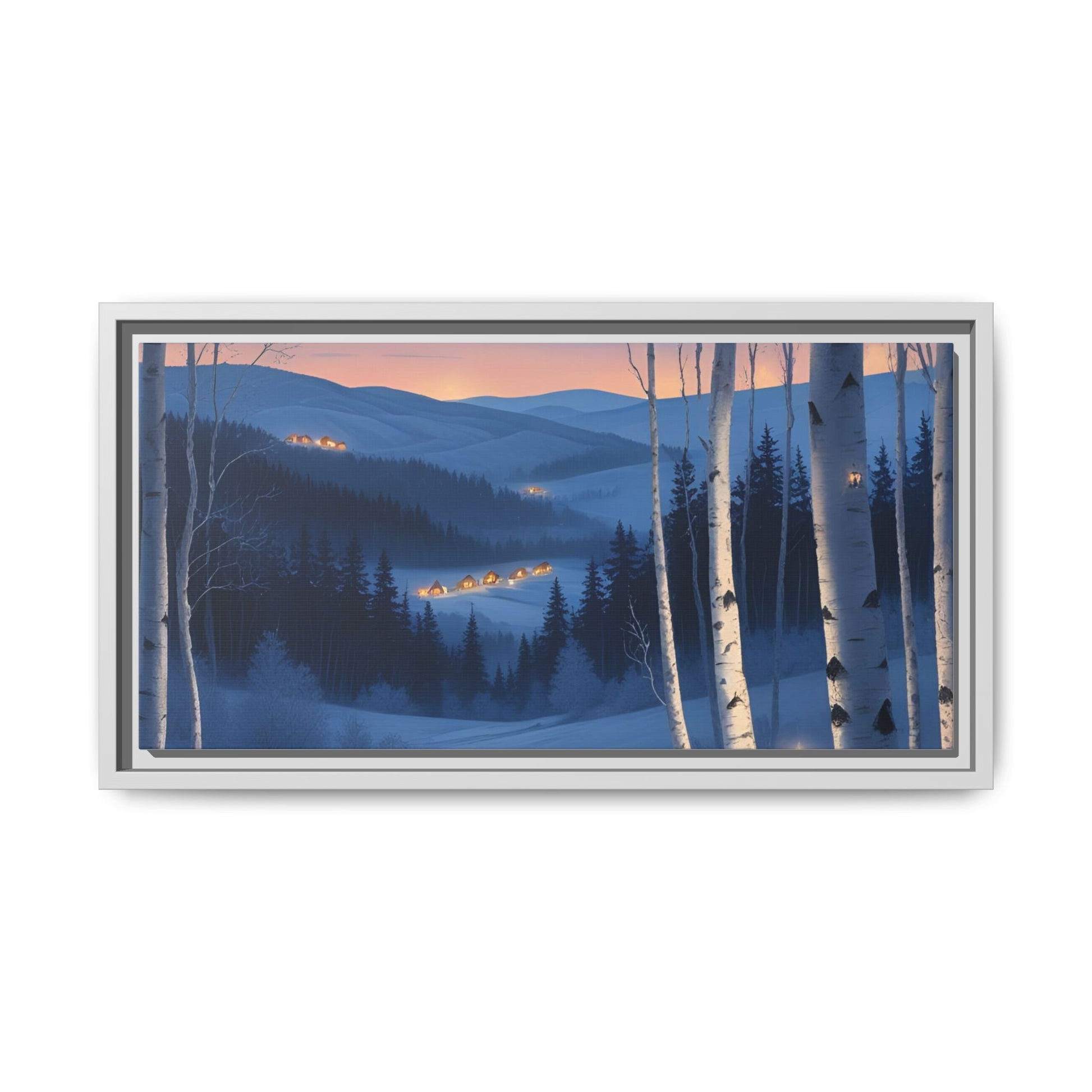 Snowy Forest Scene with Fox and Cabin Lights - Framed Winter Landscape Artwork