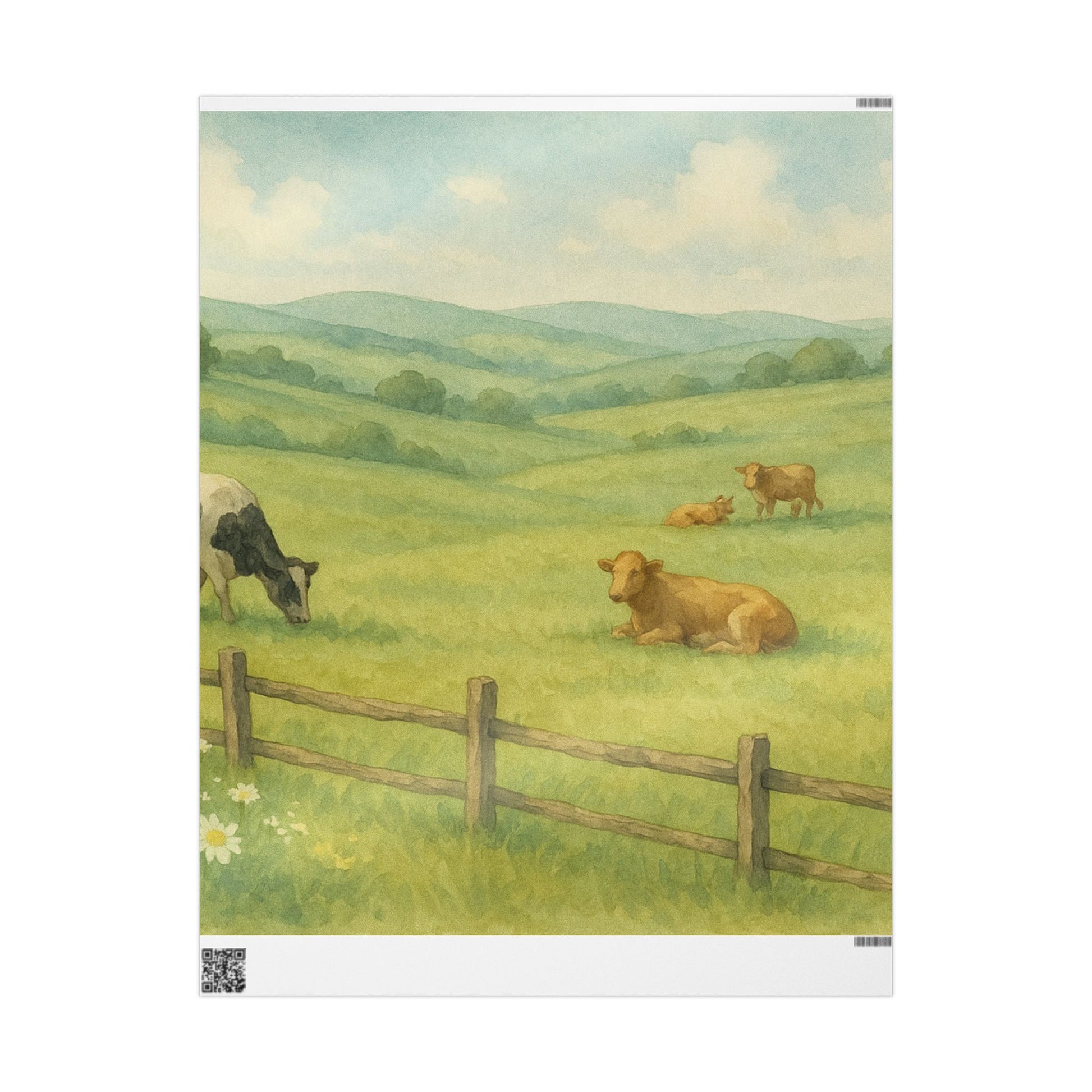 Pastoral Countryside Cow Print – Serene Farm Landscape | Paper Pleasures, Rustic Farm-Themed Wrapping Paper for Eco-Friendly Gifts