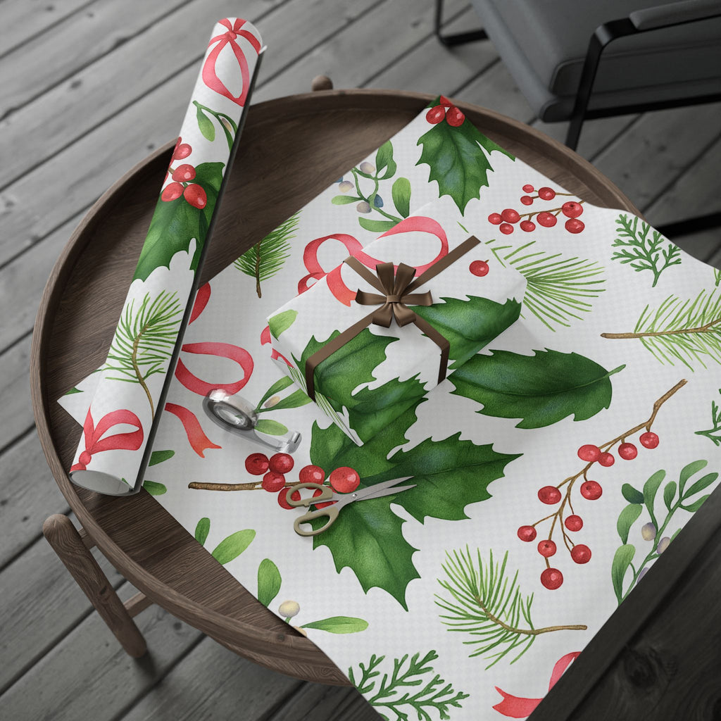 Whispers of Winter Watercolor Holly & Pine Wrapping Paper – Elegant Botanical Christmas Gift Wrap - Ana