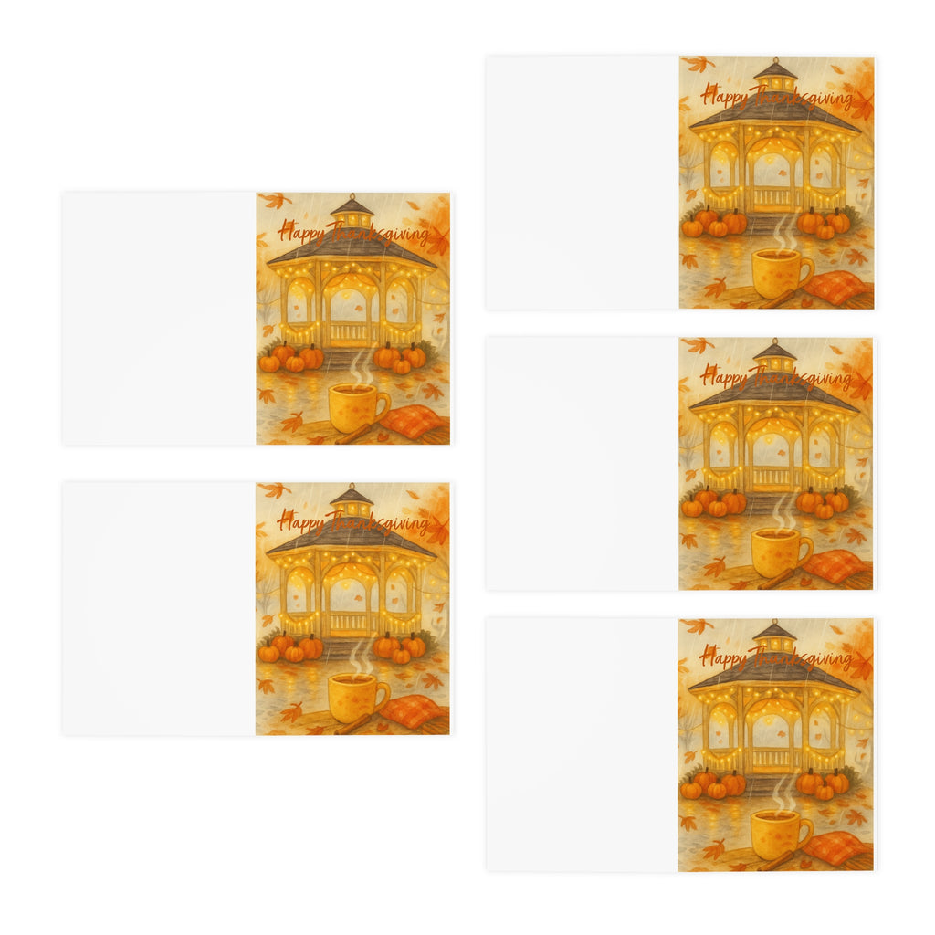 Autumn Gazebo Greeting Cards (5-Pack) — "Happy Thanksgiving" Fall Note Cards - Happy Thanksgiving Autumn Gazebo Greeting Card – Cozy Fall Coffee & Pumpkin Scene - CoziNest Hollow 1