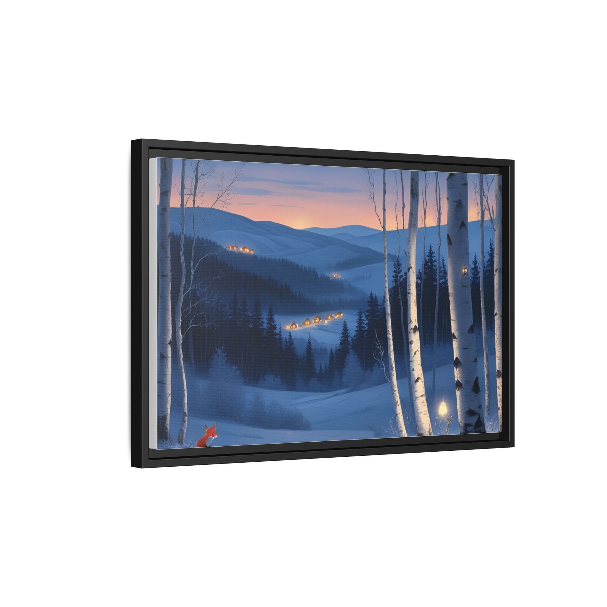 Snowy Forest Scene with Fox and Cabin Lights - Framed Winter Landscape Artwork