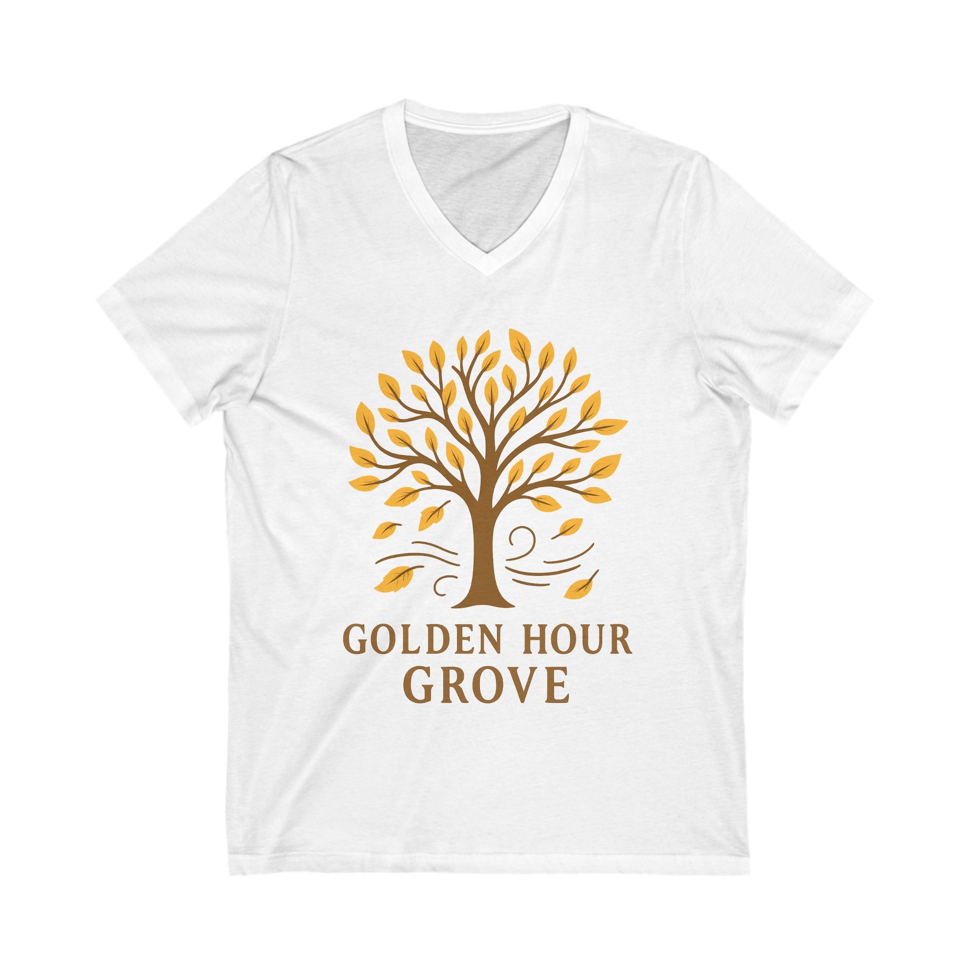 Golden Hour Grove V-Neck Tee, Fall Fashionable Tee, Nature Lover Shirt, Gift for Friends, Autumn Apparel, Casual Wear