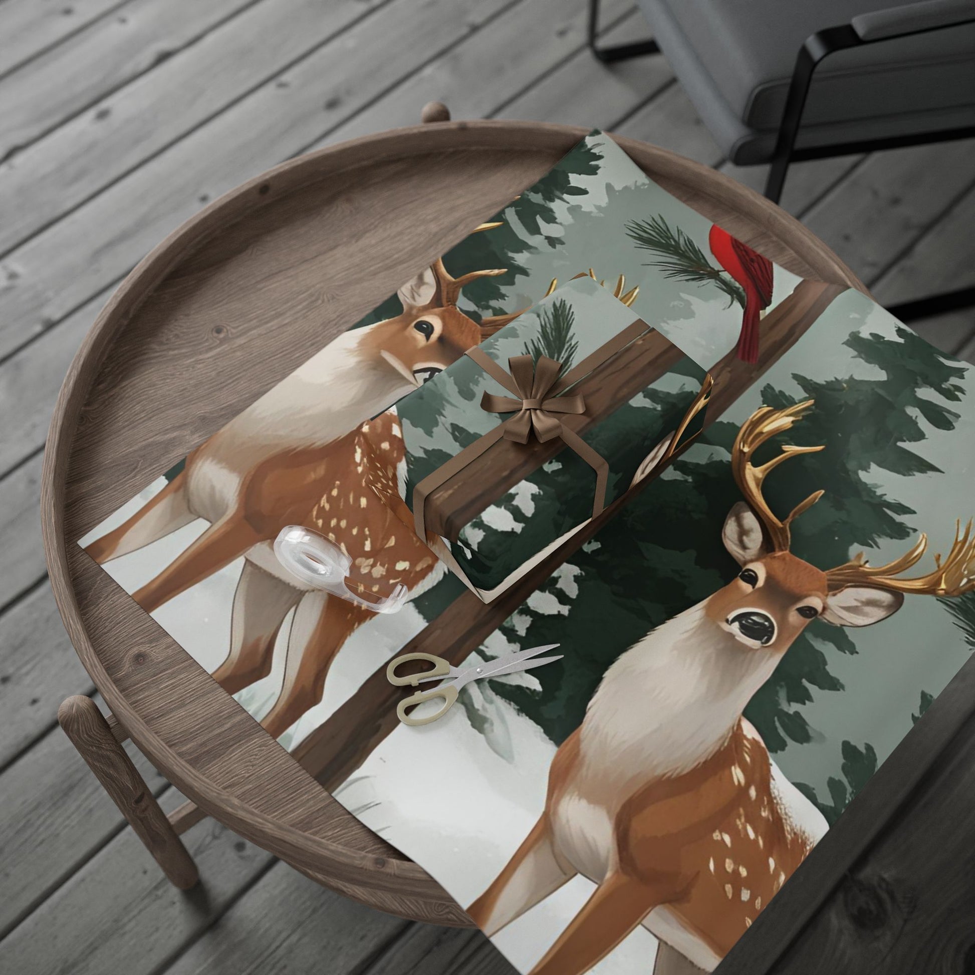 Large Print Festive Holiday Gift Wrap - Winter Deer & Cardinal Forest Wrapping Paper