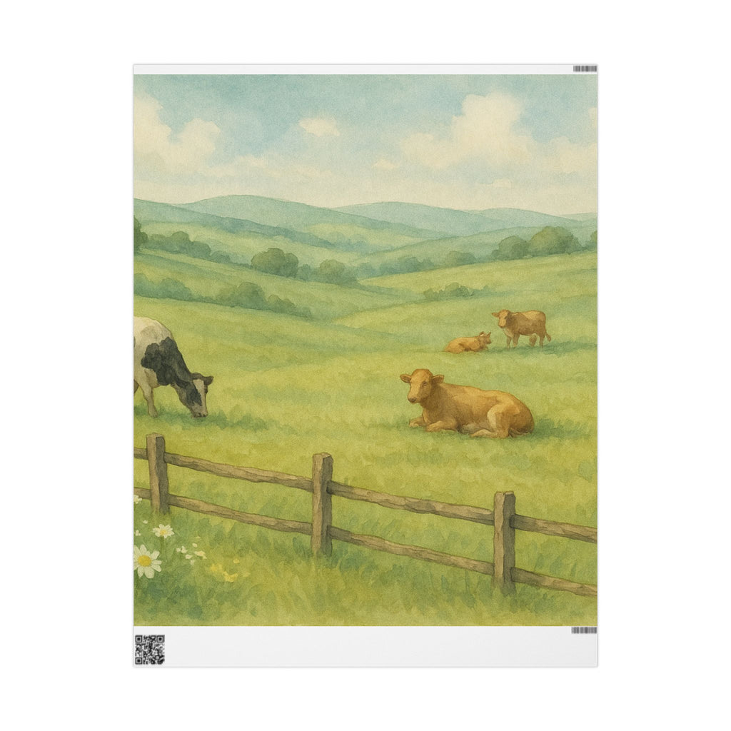 Pastoral Countryside Cow Print – Serene Farm Landscape | Paper Pleasures, Rustic Farm-Themed Wrapping Paper for Eco-Friendly Gifts