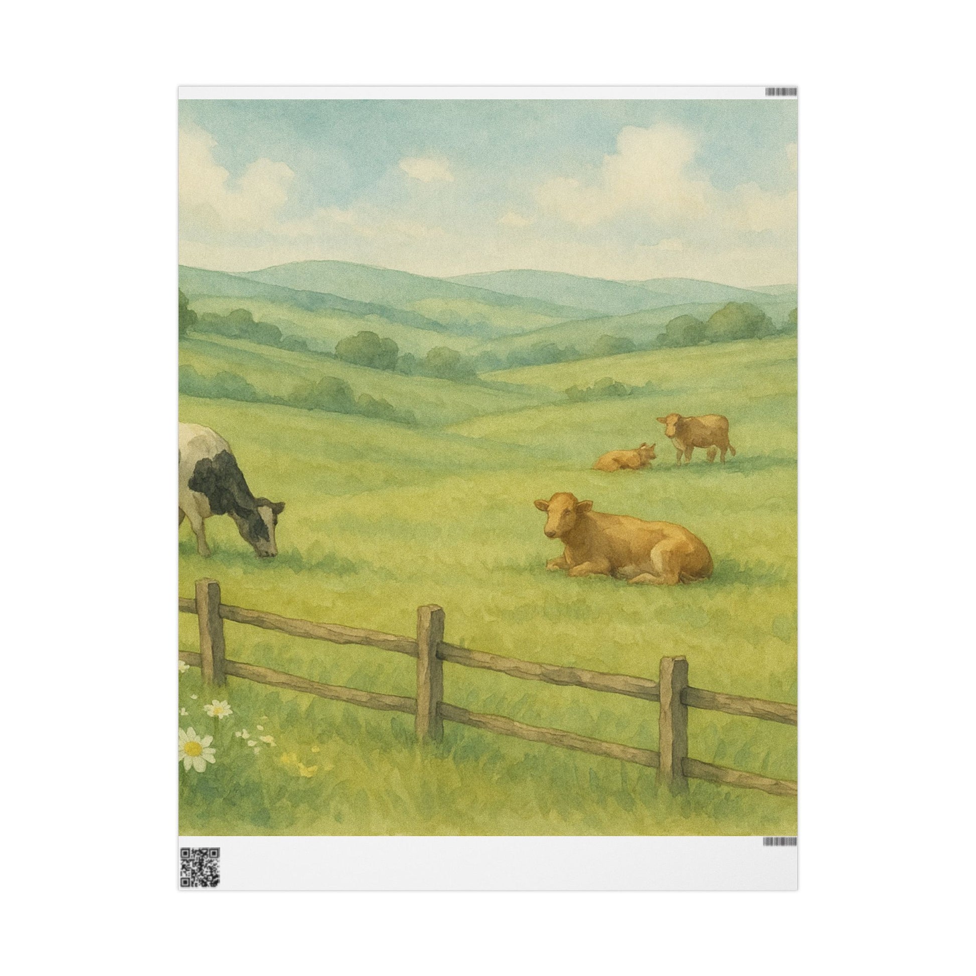 Pastoral Countryside Cow Print – Serene Farm Landscape | Paper Pleasures, Rustic Farm-Themed Wrapping Paper for Eco-Friendly Gifts