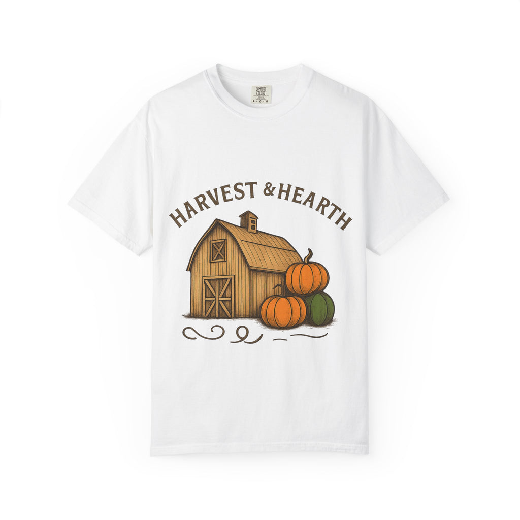 Harvest & Hearth T-Shirt, Cozy Fall Tee, Autumn Vibes Shirt, Pumpkin Decor Top, Thanksgiving Gift Idea, Seasonal Adult Style Tee