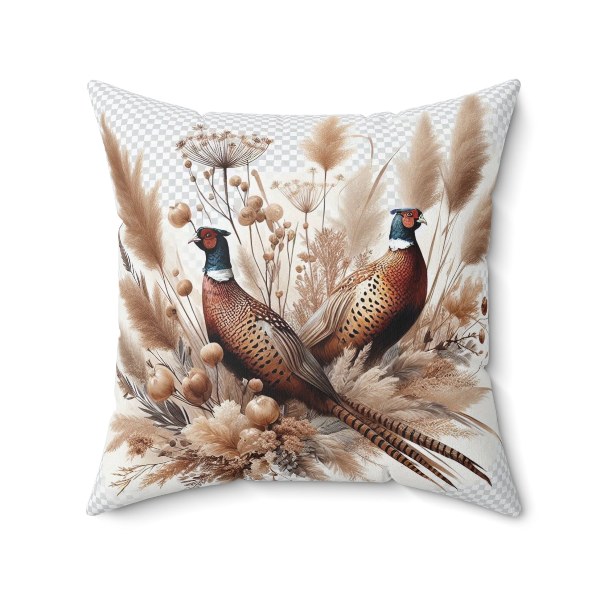 Fall Pheasants Pillow surrounded by pampas grass– Autumn Wildlife Cushion #2 of 3