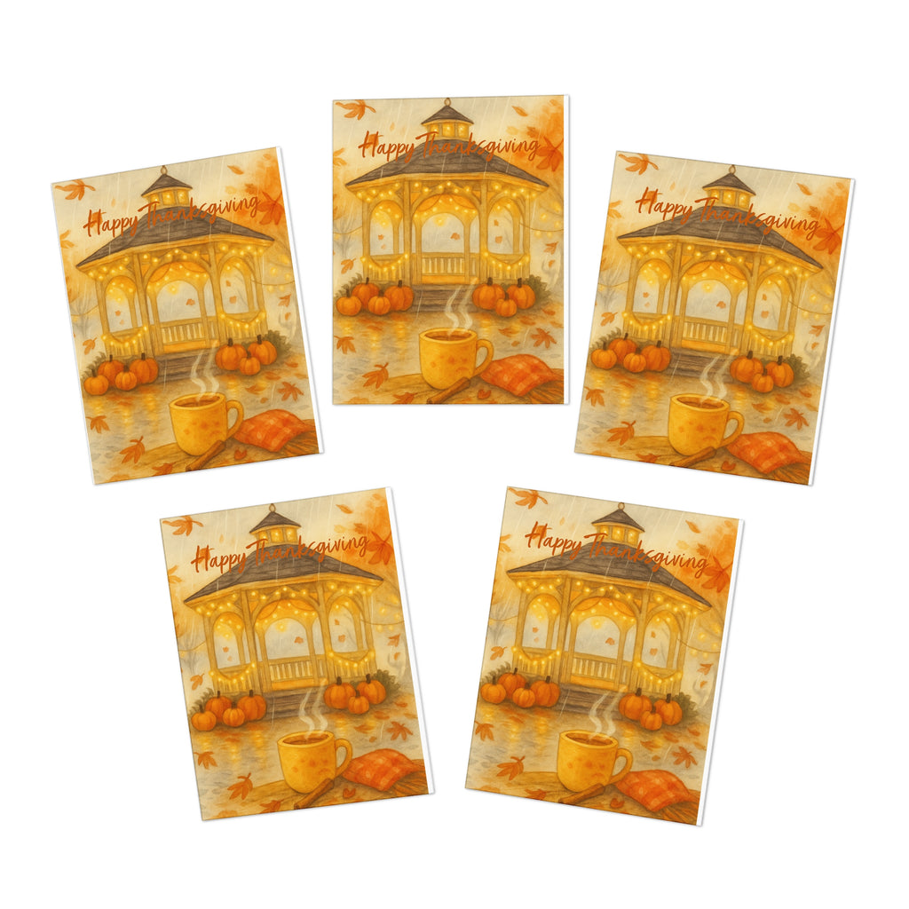 Autumn Gazebo Greeting Cards (5-Pack) — "Happy Thanksgiving" Fall Note Cards - Happy Thanksgiving Autumn Gazebo Greeting Card – Cozy Fall Coffee & Pumpkin Scene - CoziNest Hollow 1