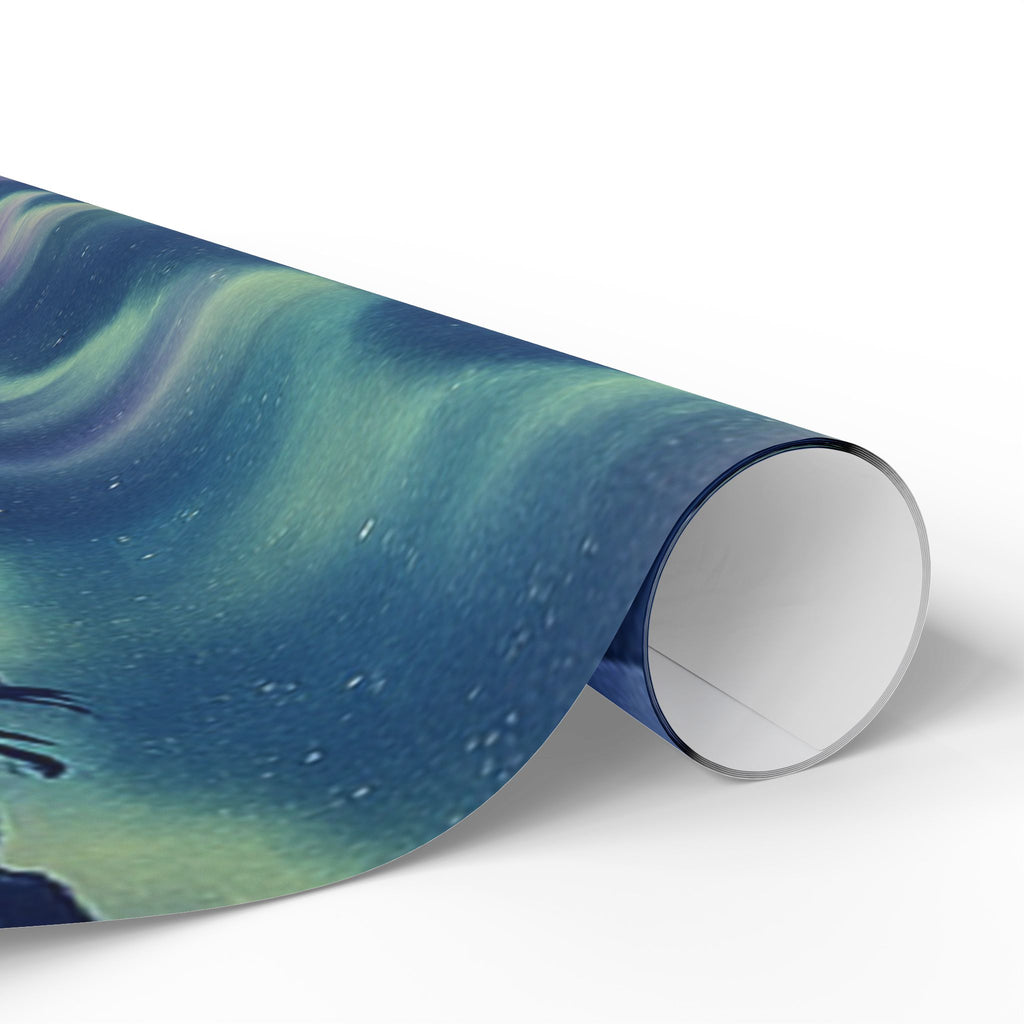 Santa Sleigh Over Northern Lights Wrapping Paper – Snowy Mountain Christmas Scene