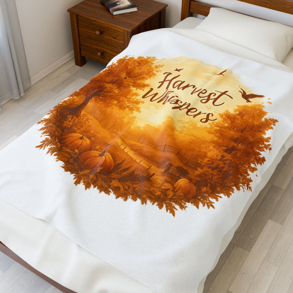 Harvest Whispers Blanket captures the spirit of fall — warm tones of gold and amber, a tranquil country landscape, and softly glowing light that evokes family, home, and gratitude.