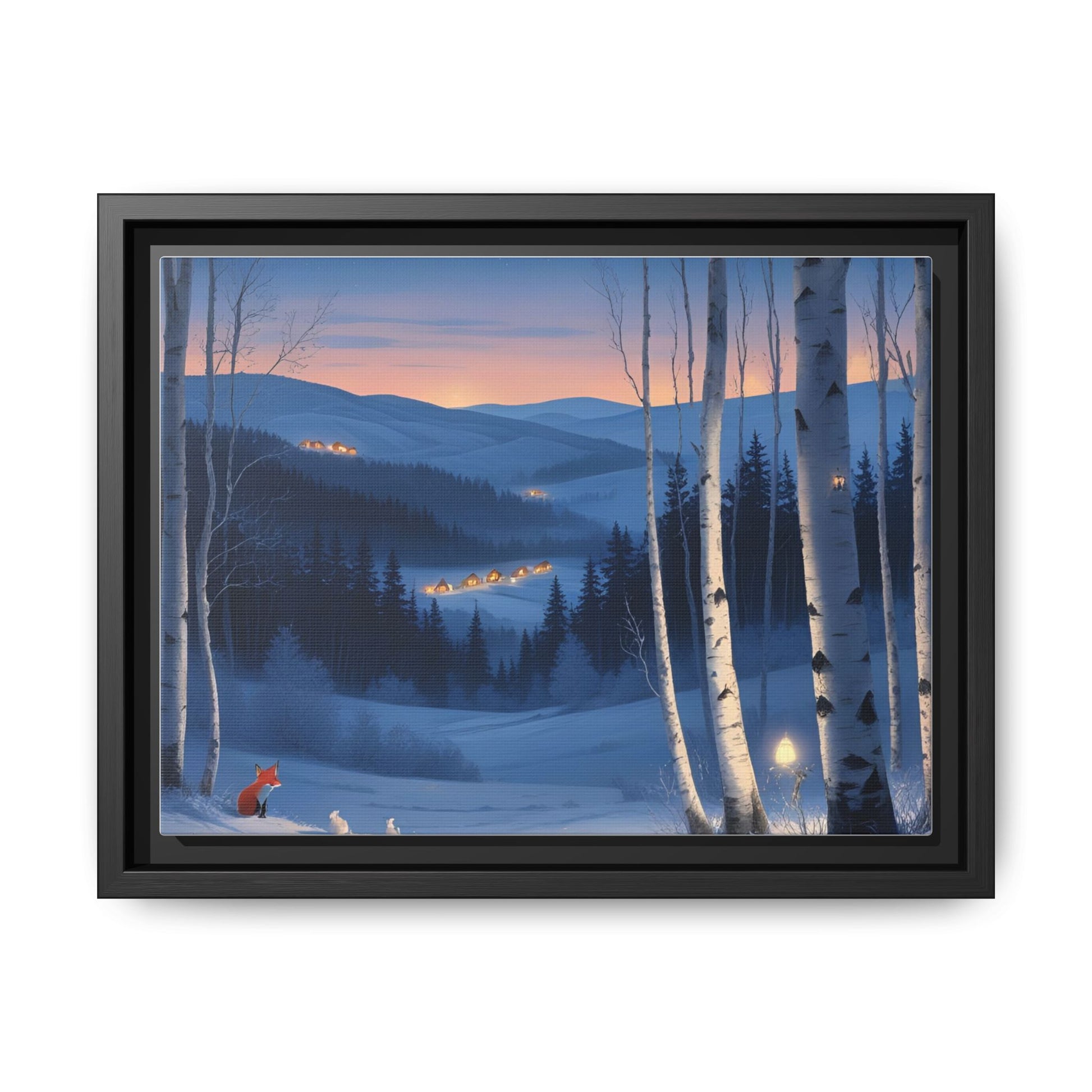 Snowy Forest Scene with Fox and Cabin Lights - Framed Winter Landscape Artwork