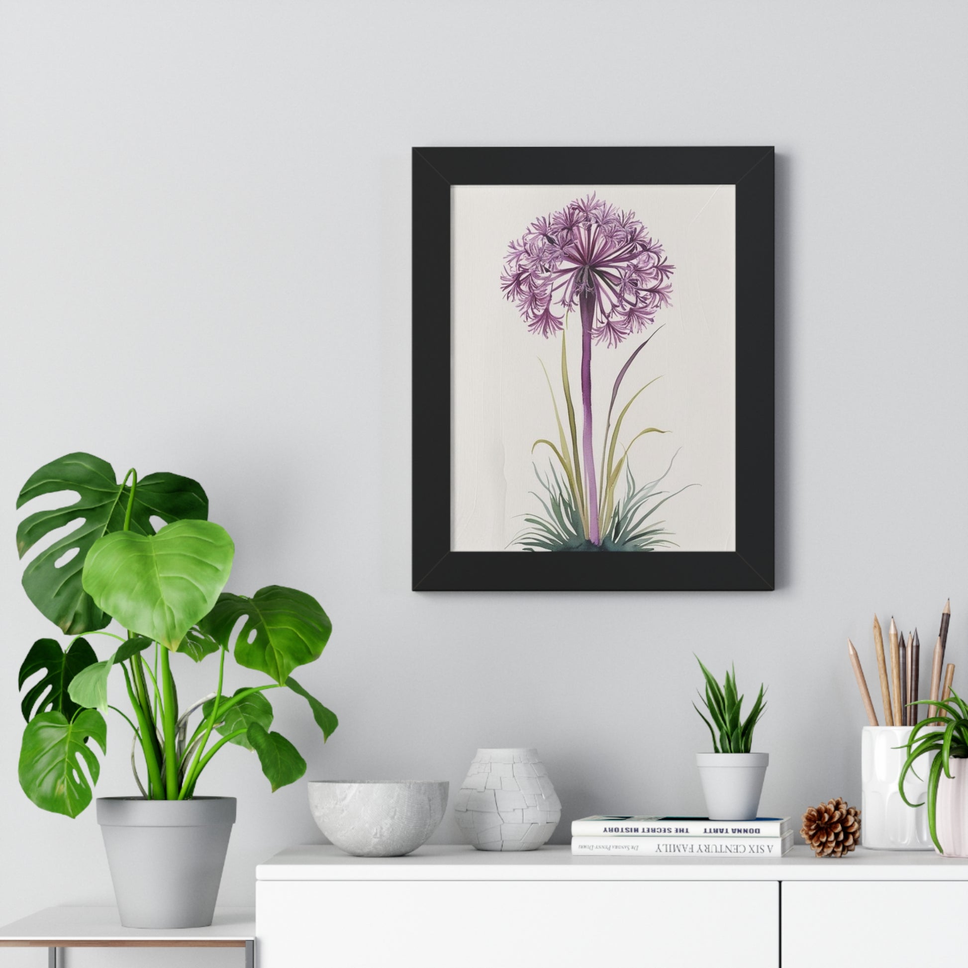 Purple Allium Framed Botanical Poster – Vertical Wall Art for Nature-Inspired Décor