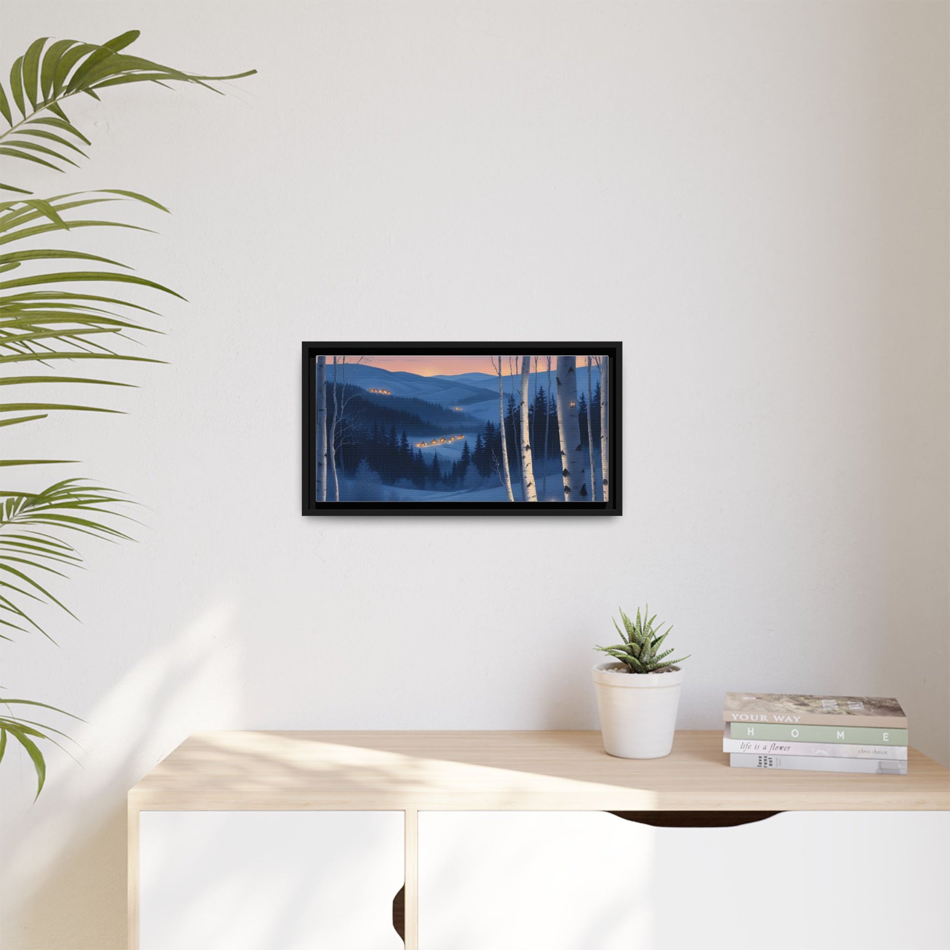 Snowy Forest Scene with Fox and Cabin Lights - Framed Winter Landscape Artwork