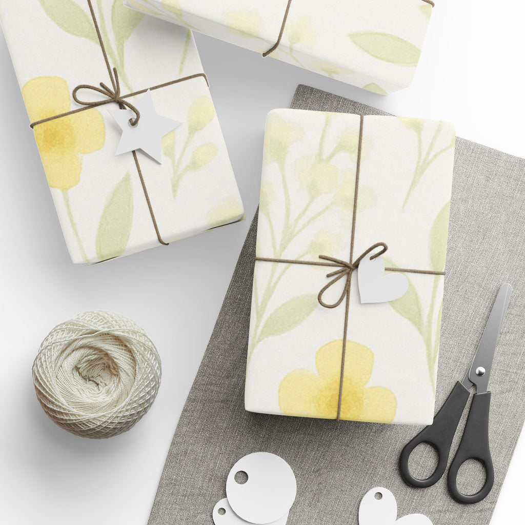 Soft Yellow Wildflower Wrapping Paper – Minimalist Floral Gift Wrap on White Background