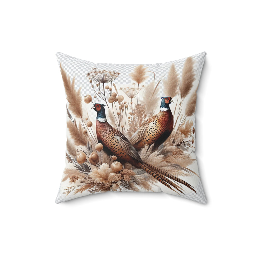 Fall Pheasants Pillow surrounded by pampas grass– Autumn Wildlife Cushion #2 of 3