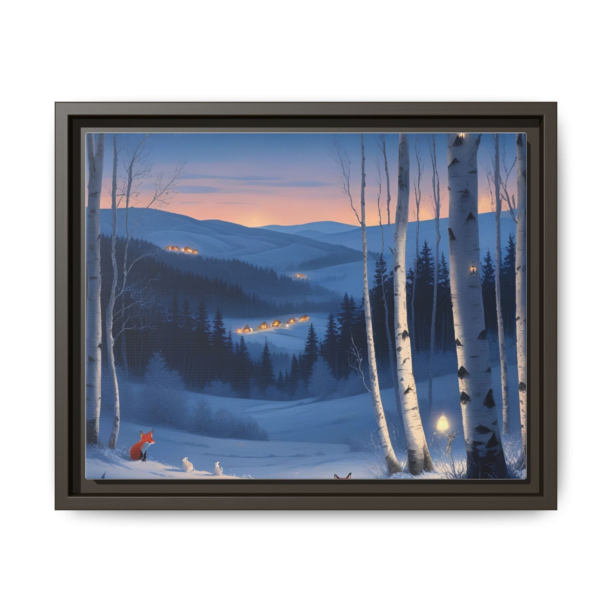 Snowy Forest Scene with Fox and Cabin Lights - Framed Winter Landscape Artwork