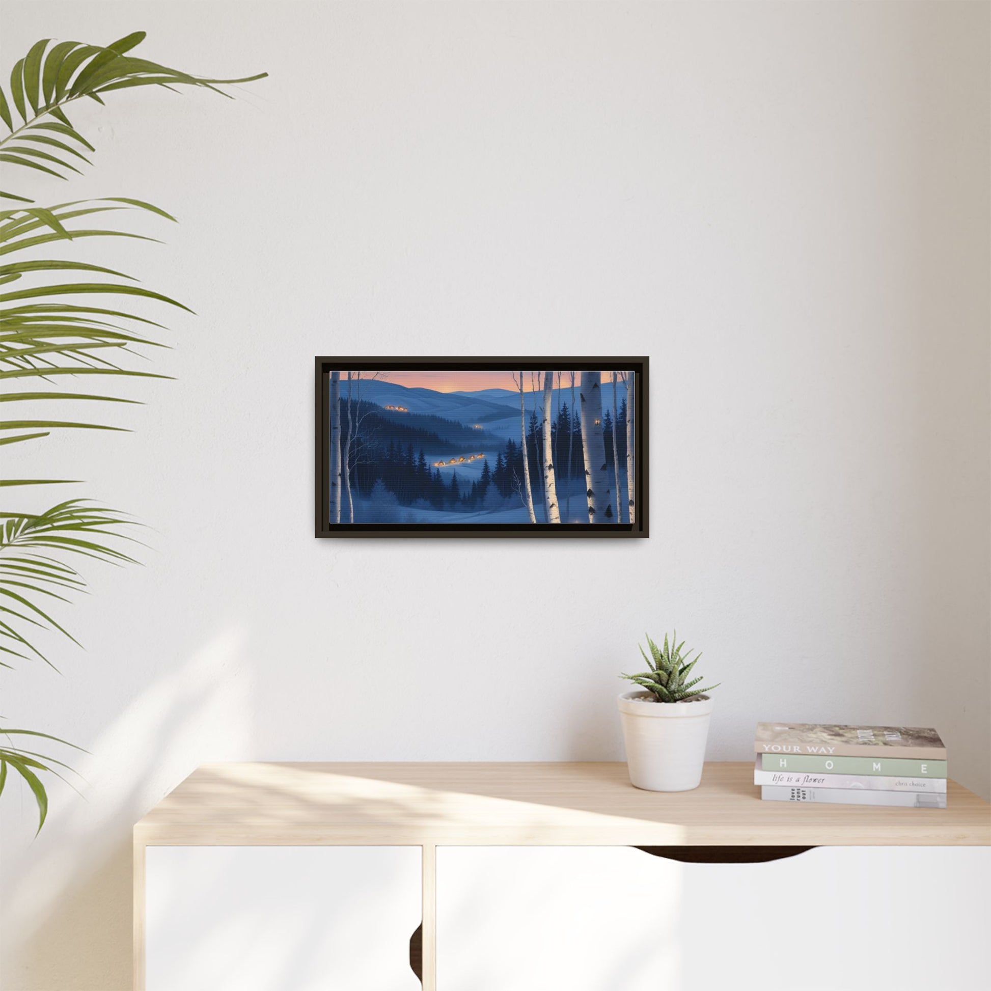 Snowy Forest Scene with Fox and Cabin Lights - Framed Winter Landscape Artwork