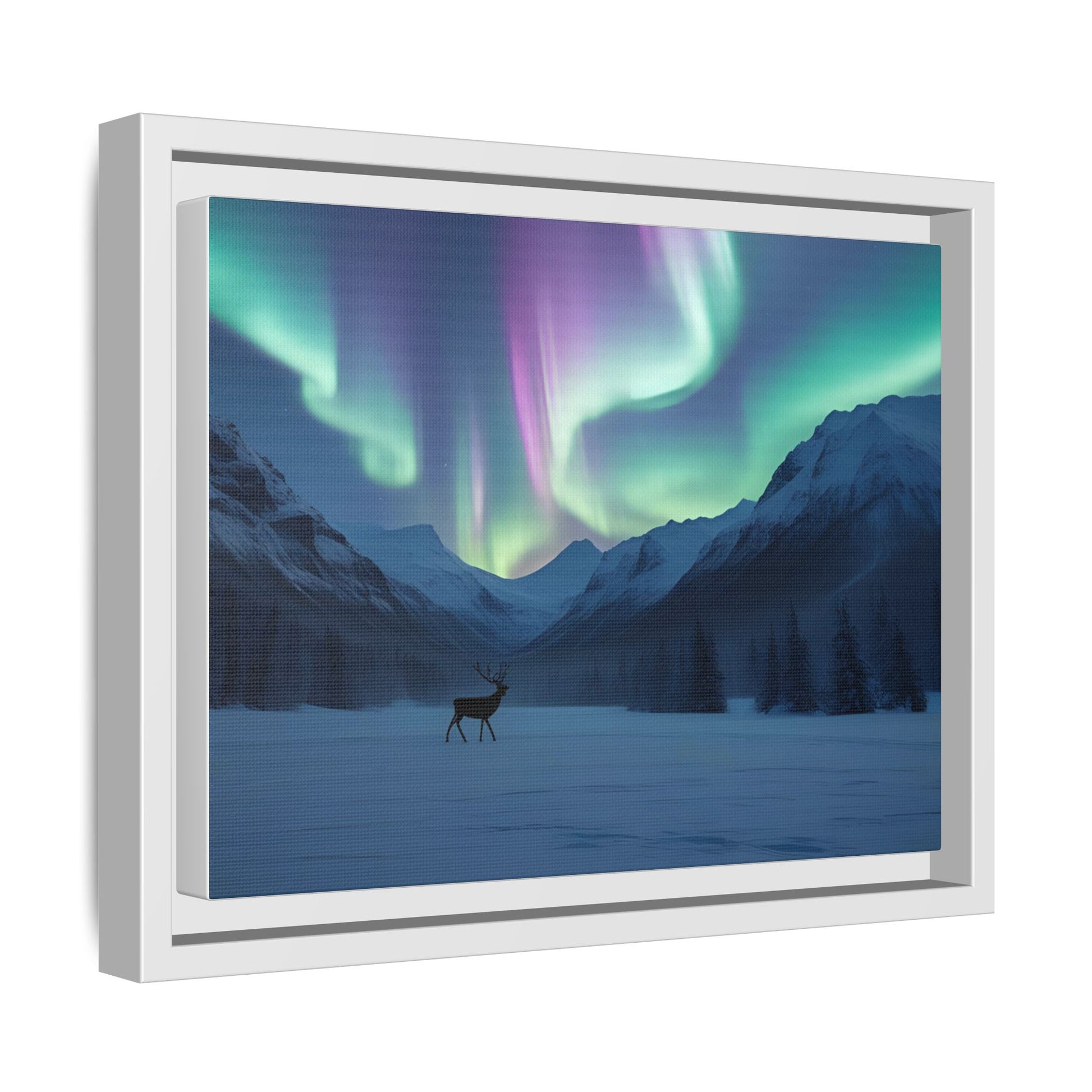 Singular Reindeer Under Aurora Canvas Wall Art – Purple & Green Lights