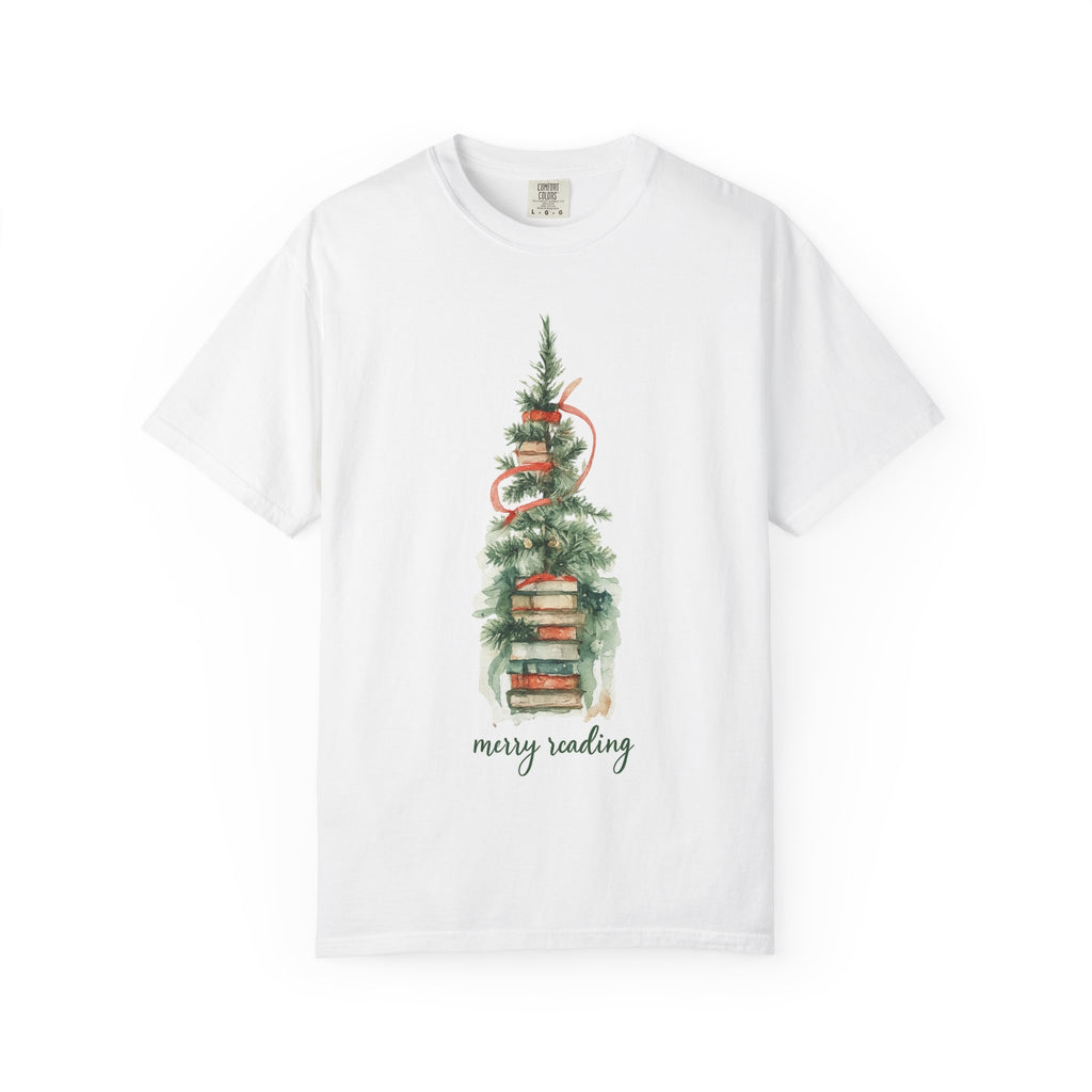 T-Shirt — "Merry Reading" Christmas Tree Stack of Books Holiday Tee