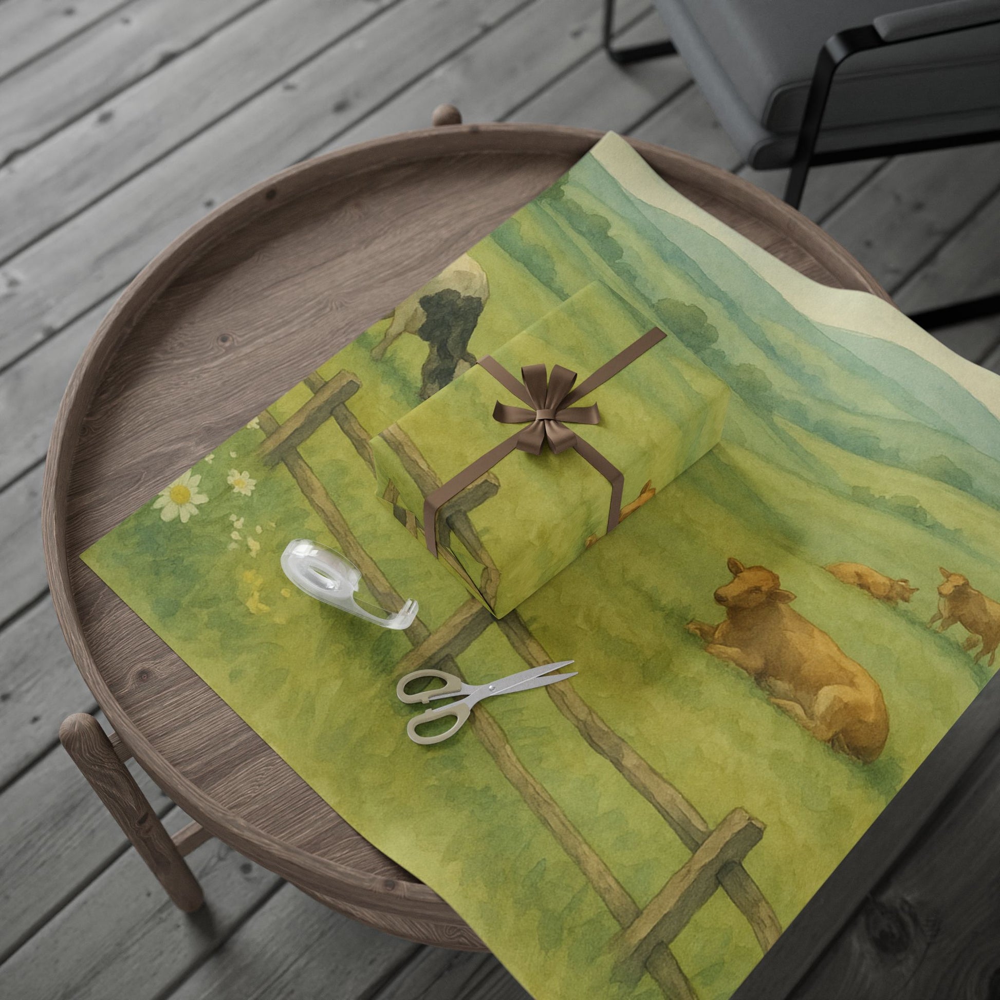Pastoral Countryside Cow Print – Serene Farm Landscape | Paper Pleasures, Rustic Farm-Themed Wrapping Paper for Eco-Friendly Gifts