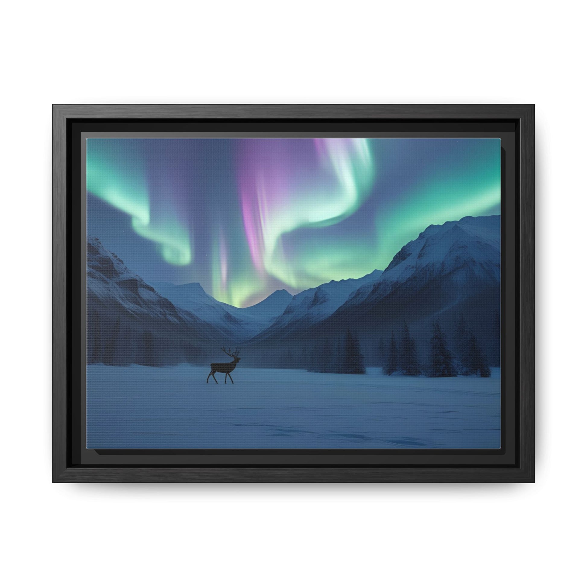 Singular Reindeer Under Aurora Canvas Wall Art – Purple & Green Lights