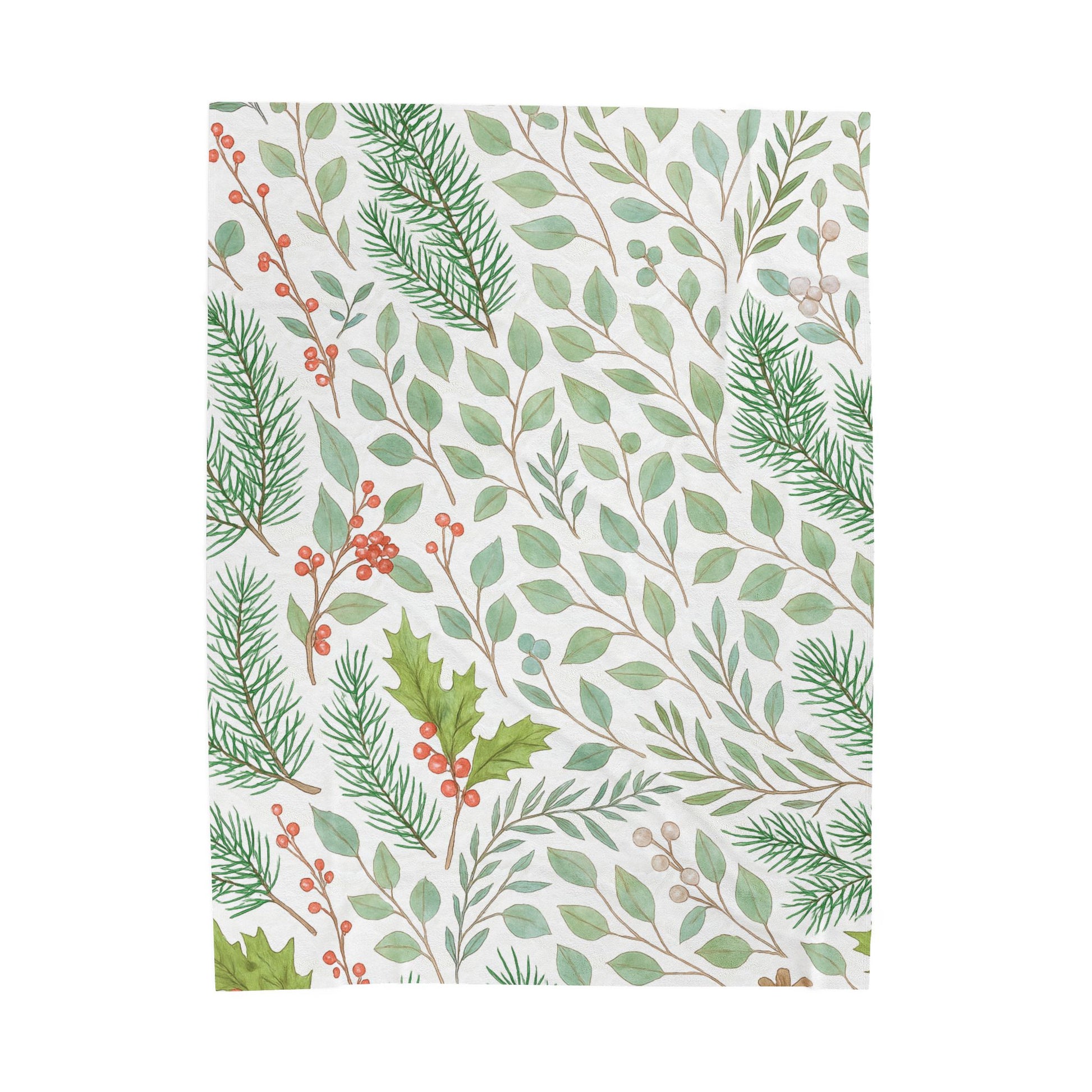 Whispers of Winter Botanical Blanket – Cozy Watercolor Evergreen and Holly Velveteen Throw – Ana