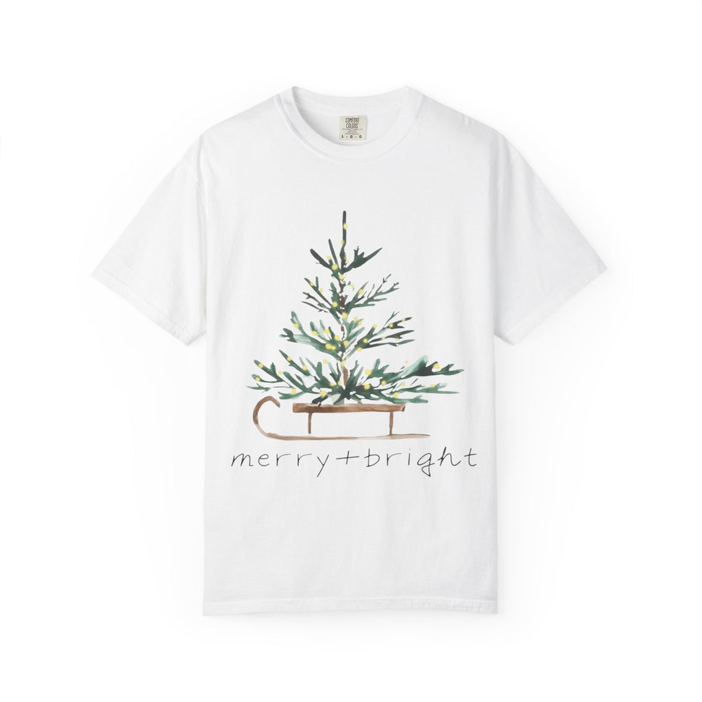 Whispers of Winter – Merry + Bright Christmas Tree T-Shirt SHORT SLEEVE | Elegant Minimal Holiday Apparel by Paper Pleasures