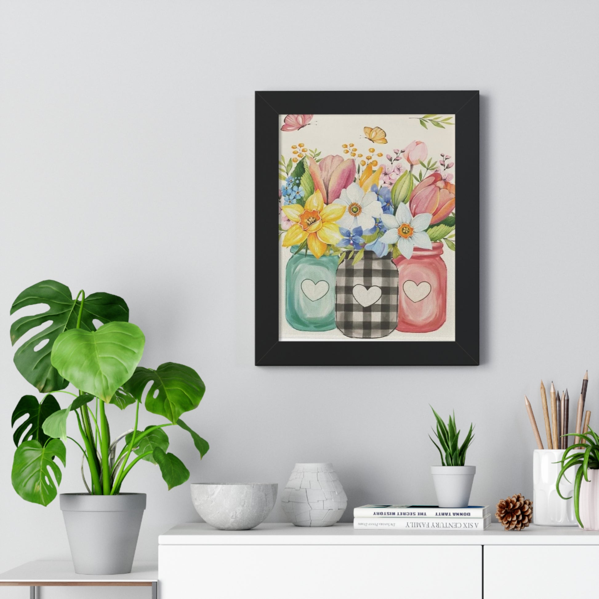 Spring Mason Jar Flower Print – Framed Farmhouse Wall Art with Daffodils & Tulips