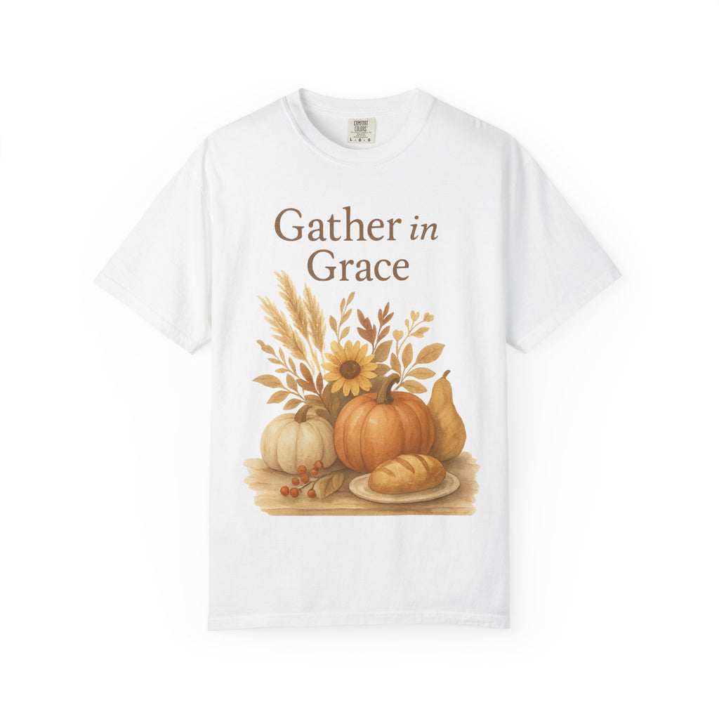 White t-shirt with 'Gather in Grace' text and autumnal design on a white background