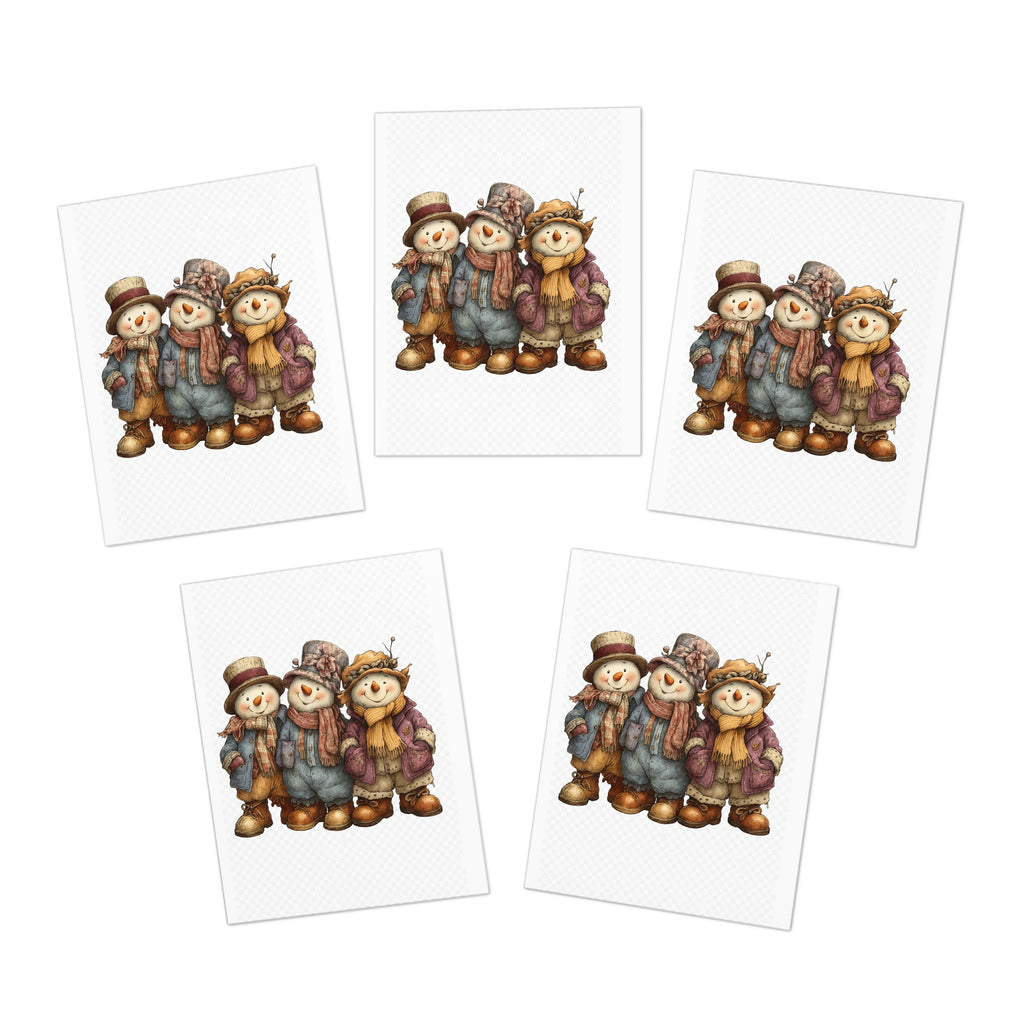 Whimsical Snowmen Christmas Greeting Card – Vintage Hobo Style Winter Trio (1) (5-Pack)